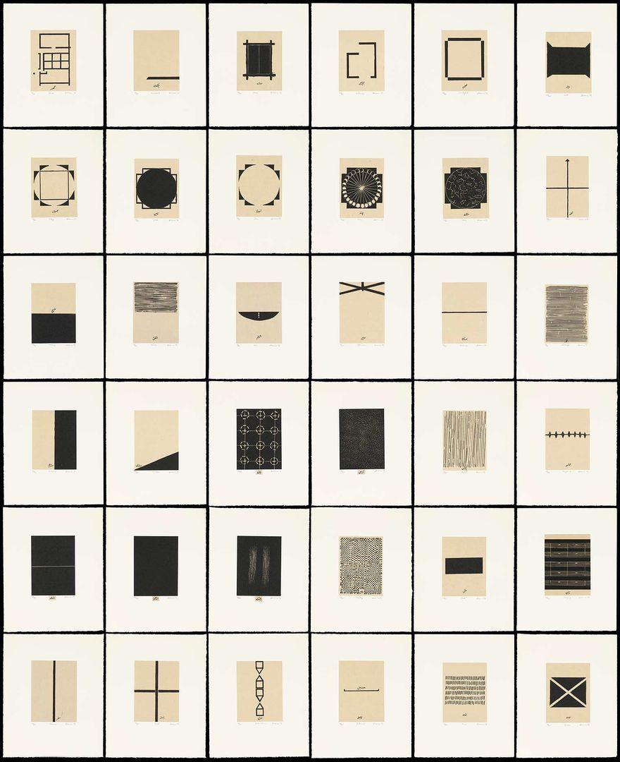Grid of 36 woodcuts in shades of beige, black, and grey