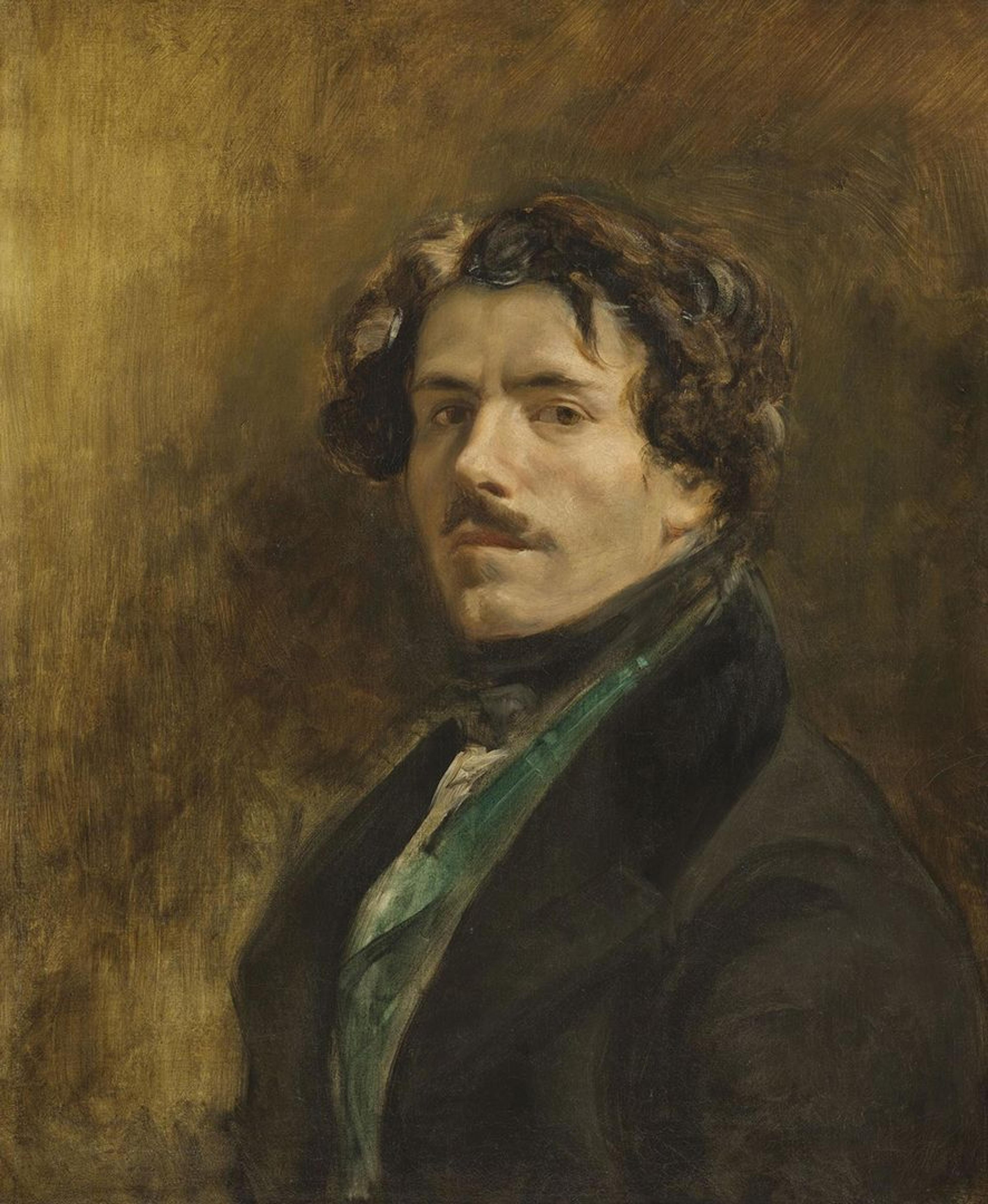 A self-portrait painting by Eugene Delacroix in which the artist is wearing a dark green vest and a black coat