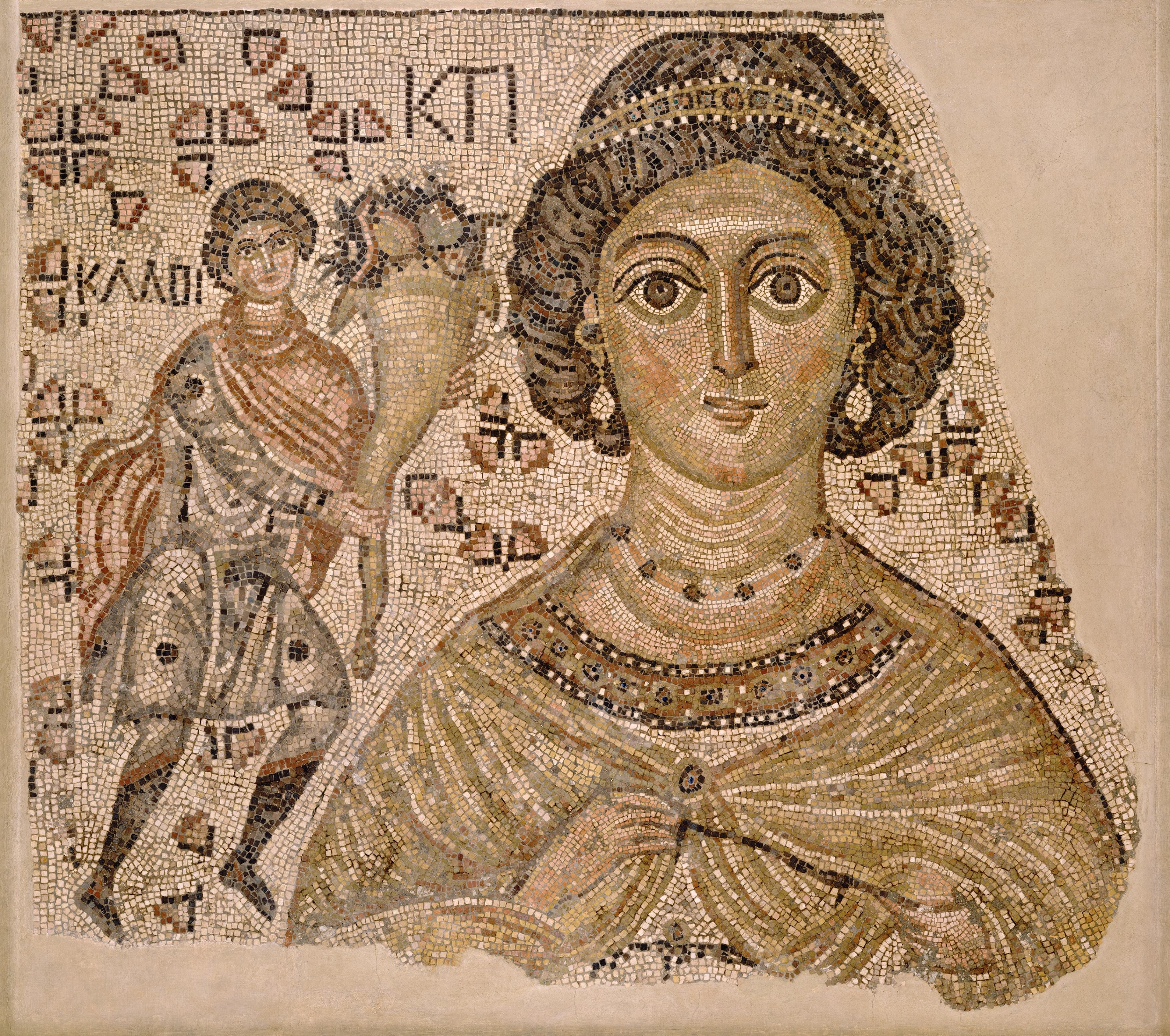 Brown and beige fragment of a floor mosaic. A woman with curly brown hair, a headpiece, and earrings is at the center, and a man smaller in scale presenting her flowers is to her left.
