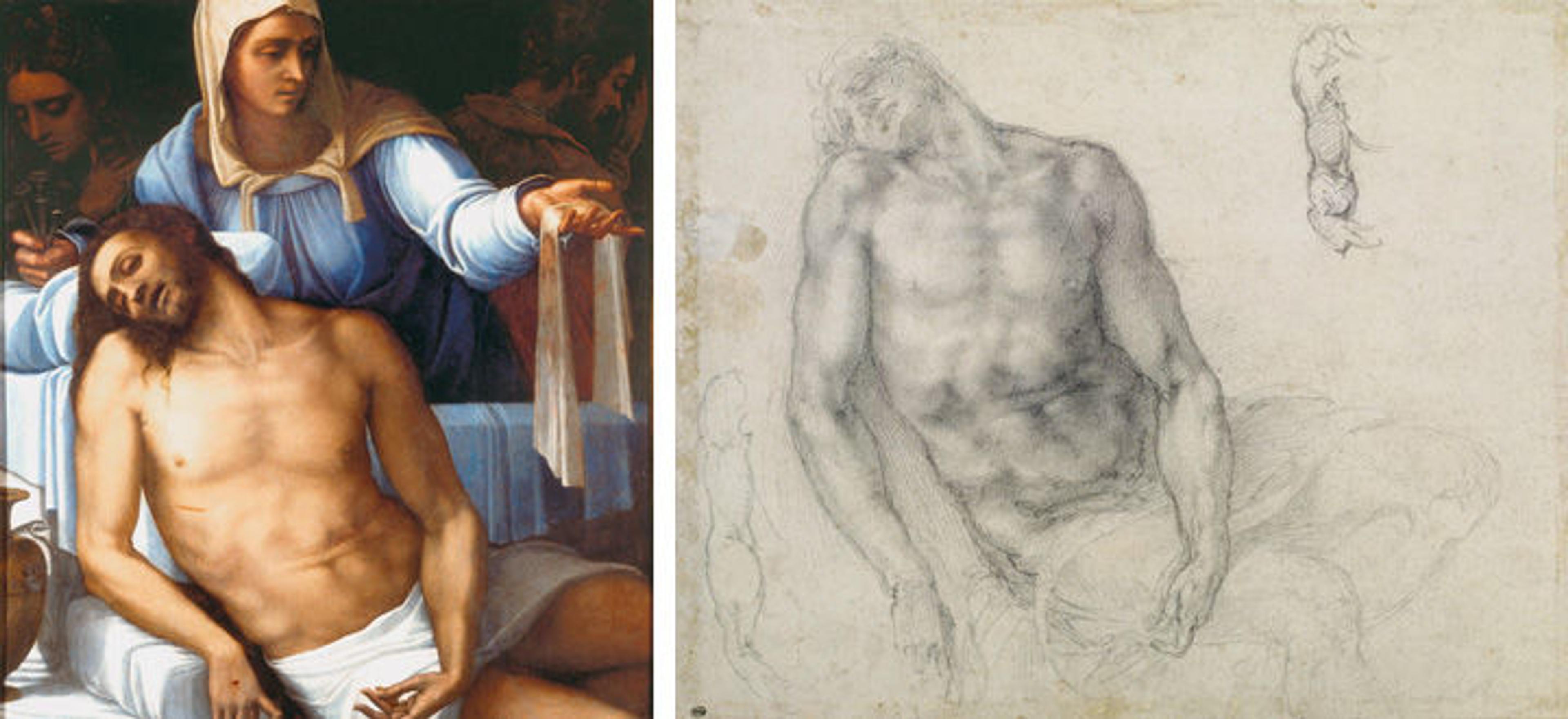 On the left, a painting of Jesus being held by the Virgin Mary by Sebastiano del Piombo. On the right, studies of the Christ as depicted in the Piombo painting