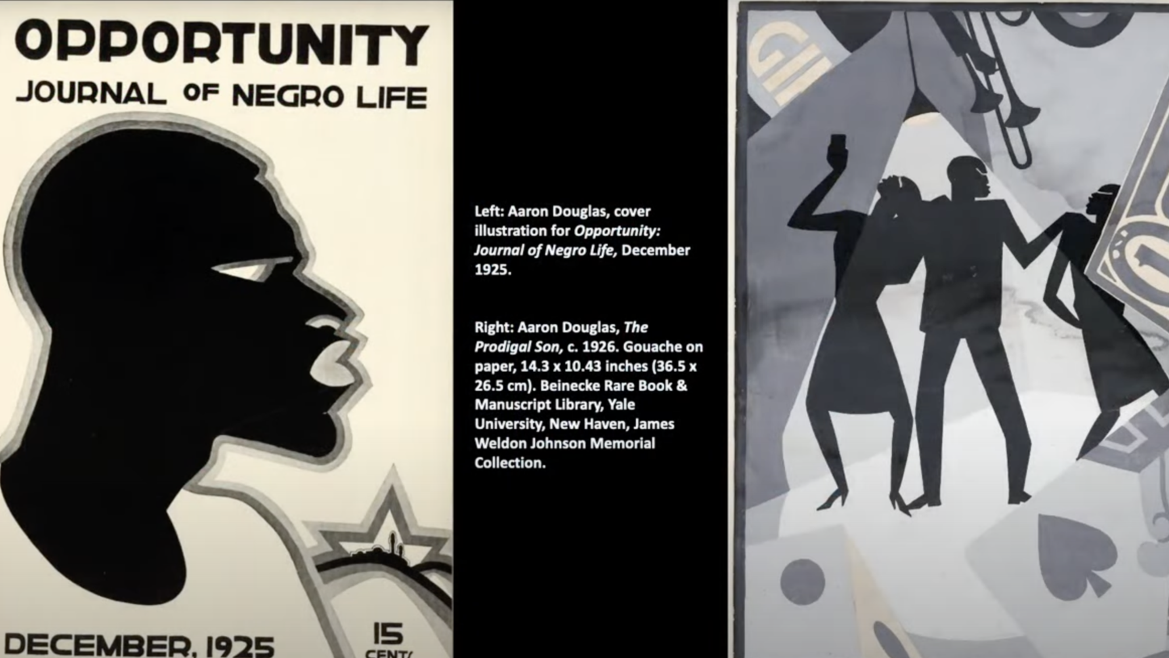 Collage of two artworks, one of a outline of a black face, the second a depiction of a party.