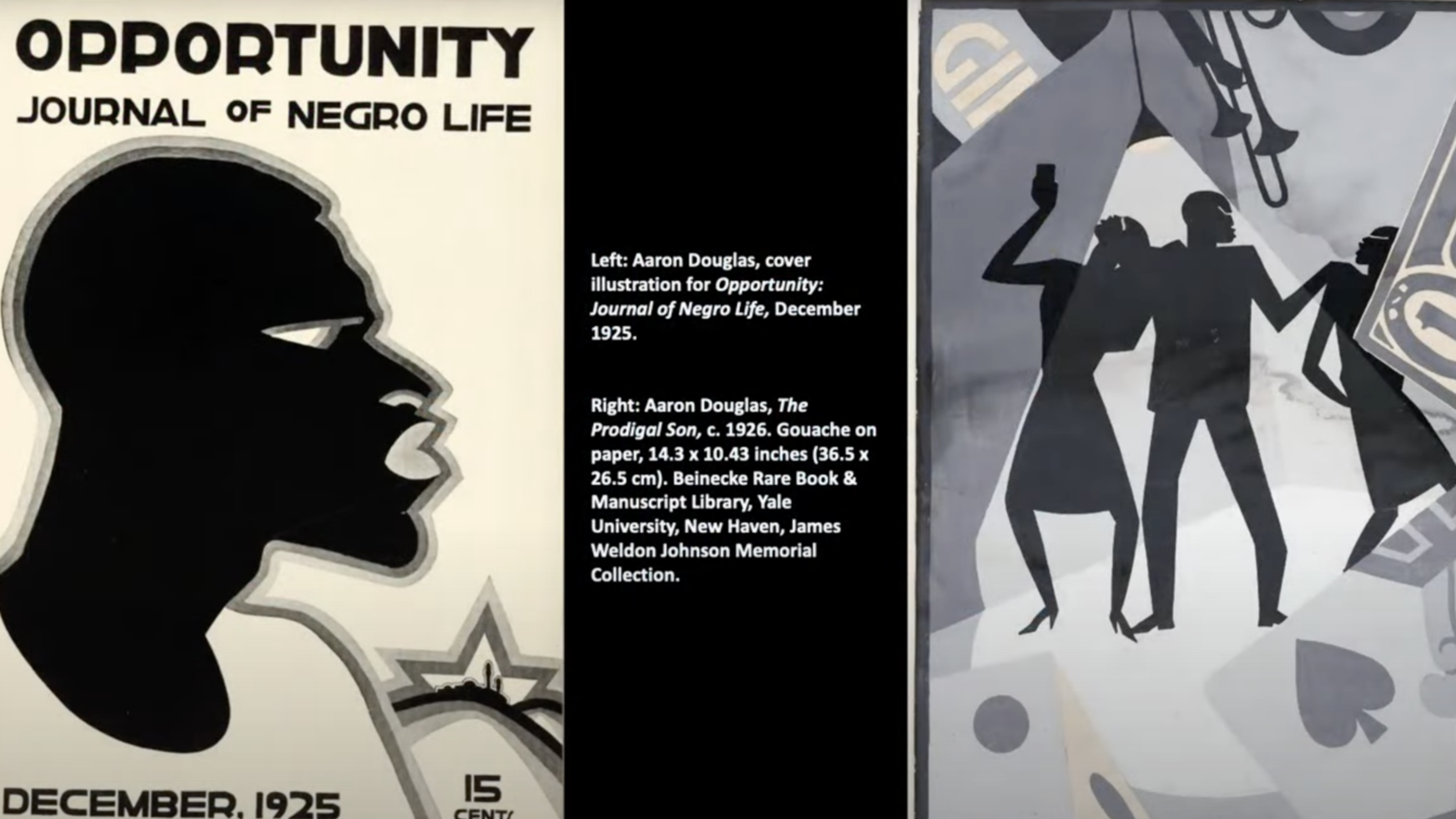 Collage of two artworks, one of a outline of a black face, the second a depiction of a party.