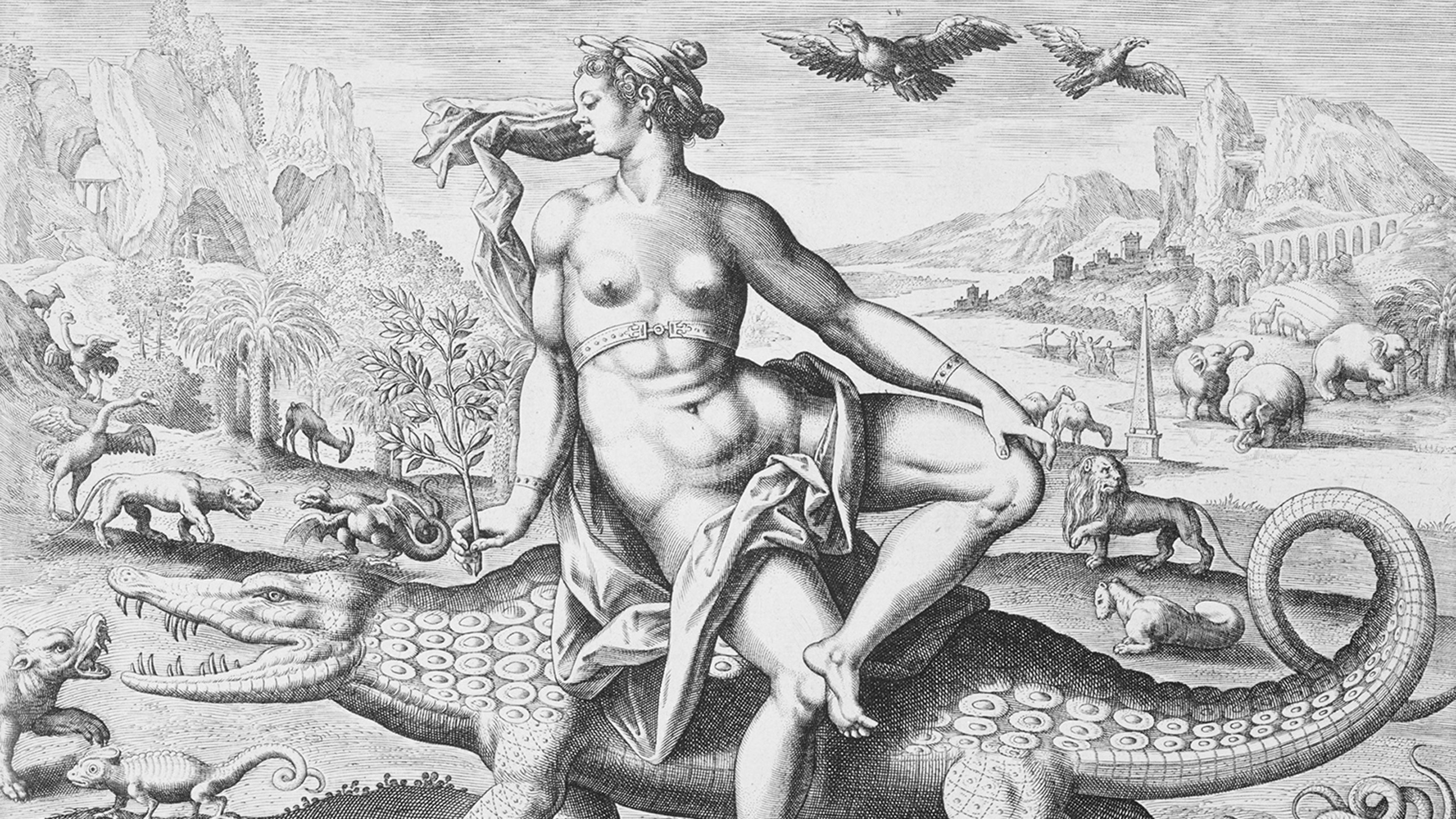 Black and white print of the Allegory of Africa with a woman representing Africa riding an alligator surrounded by other wild animals.