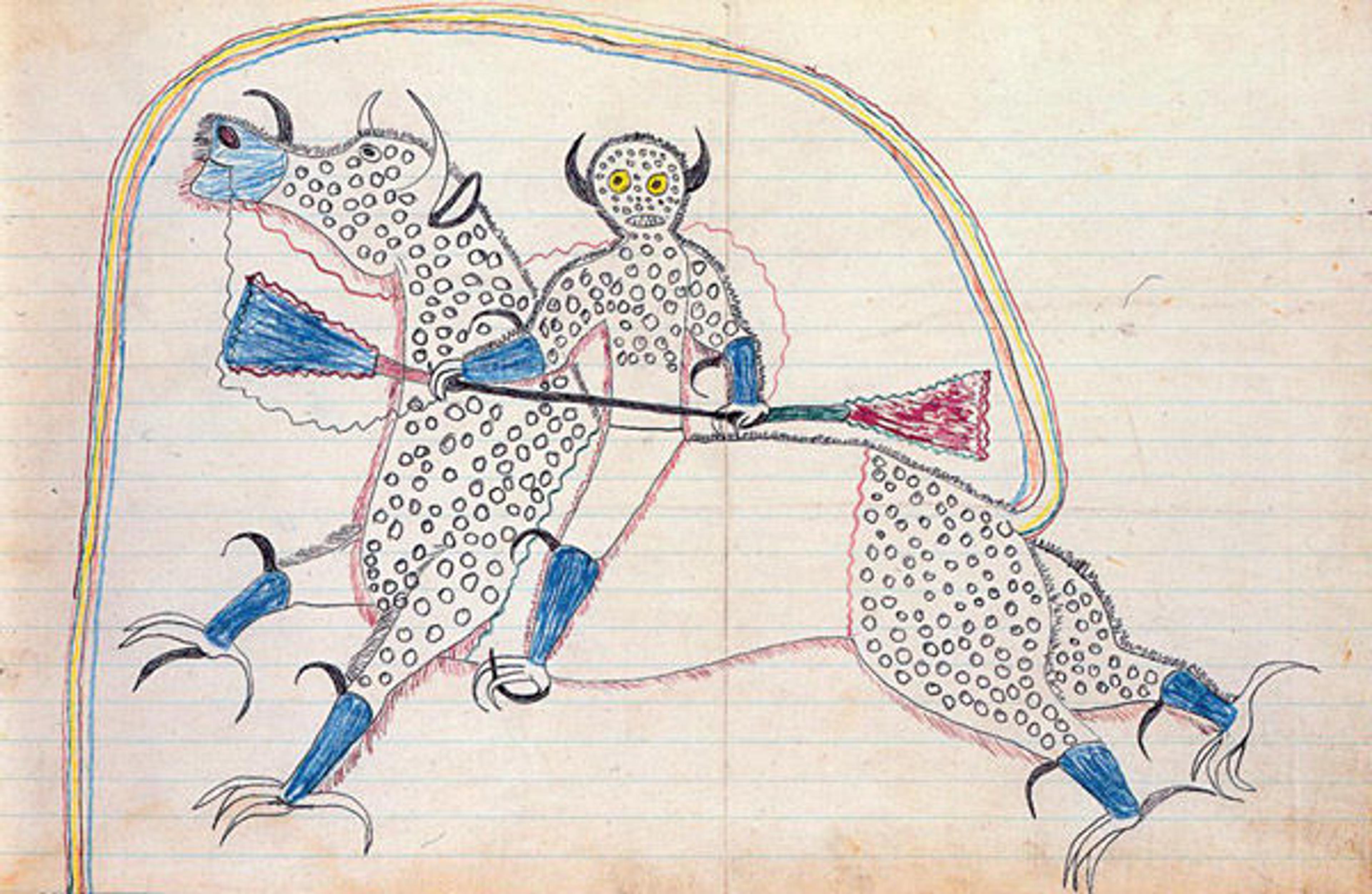 Ledger drawing of artist riding on a buffalo eagle