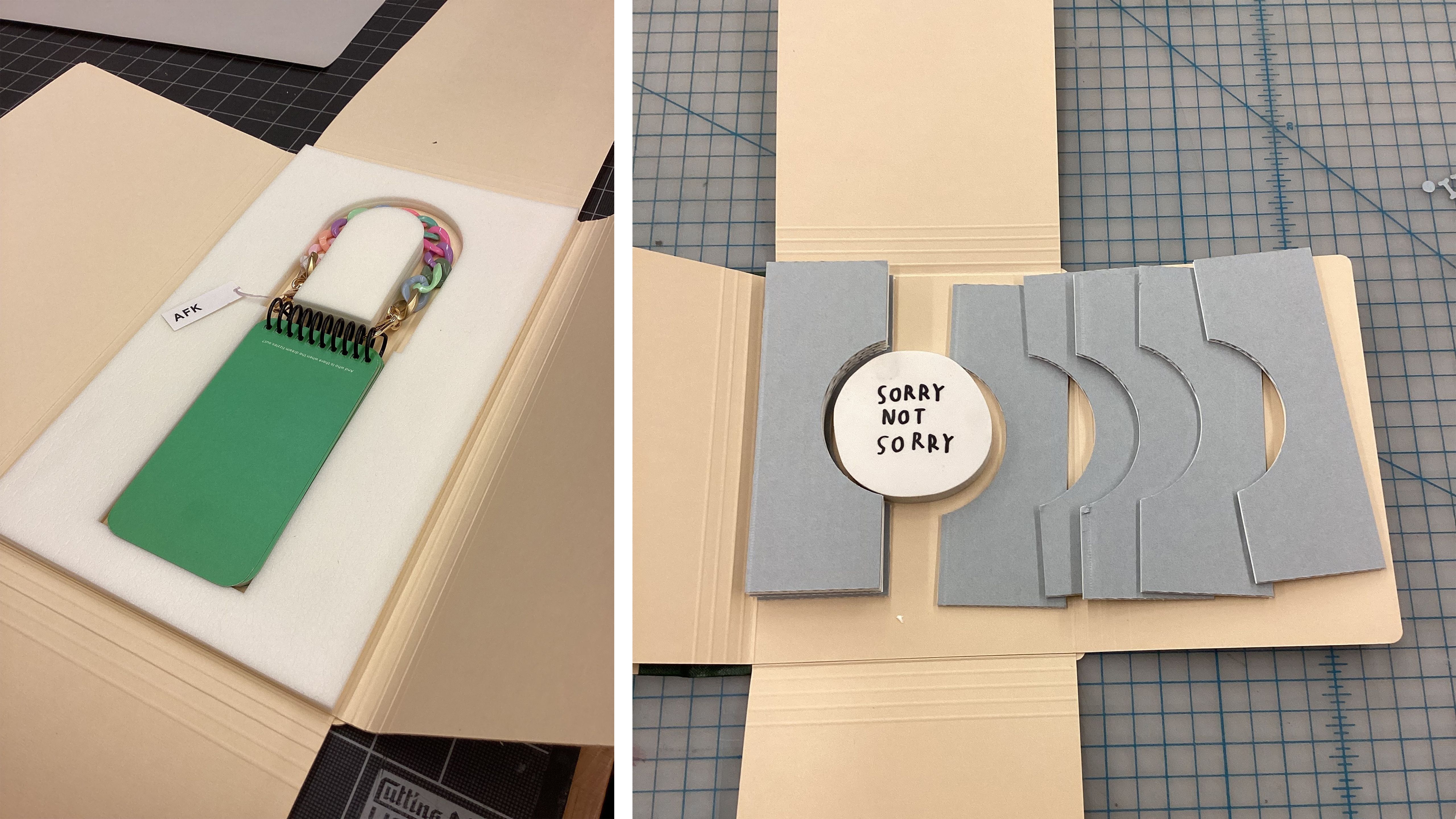 Two different boxes holding uncommonly shaped books