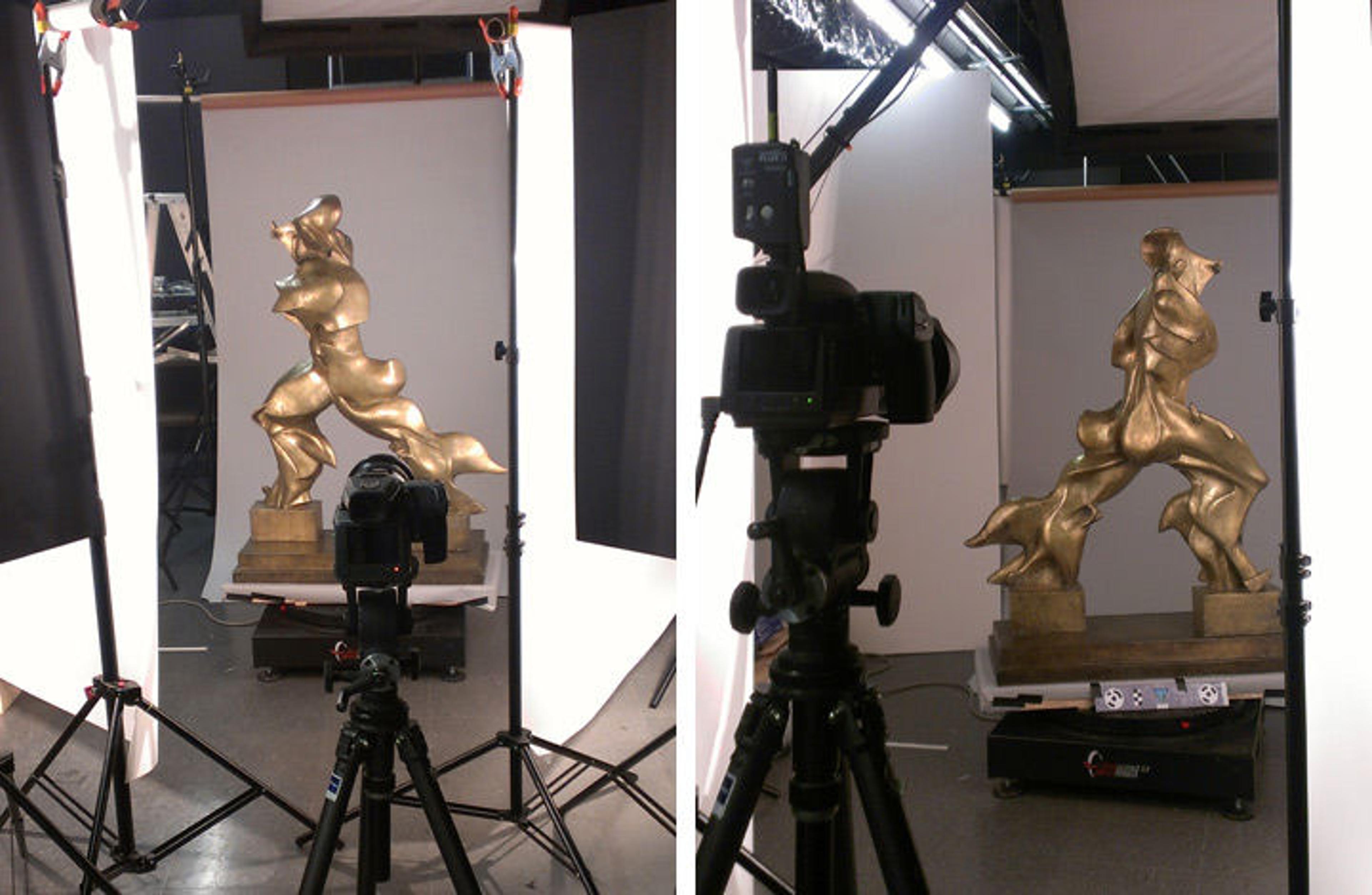 Two views of a bronze sculpture in the Photo Studio