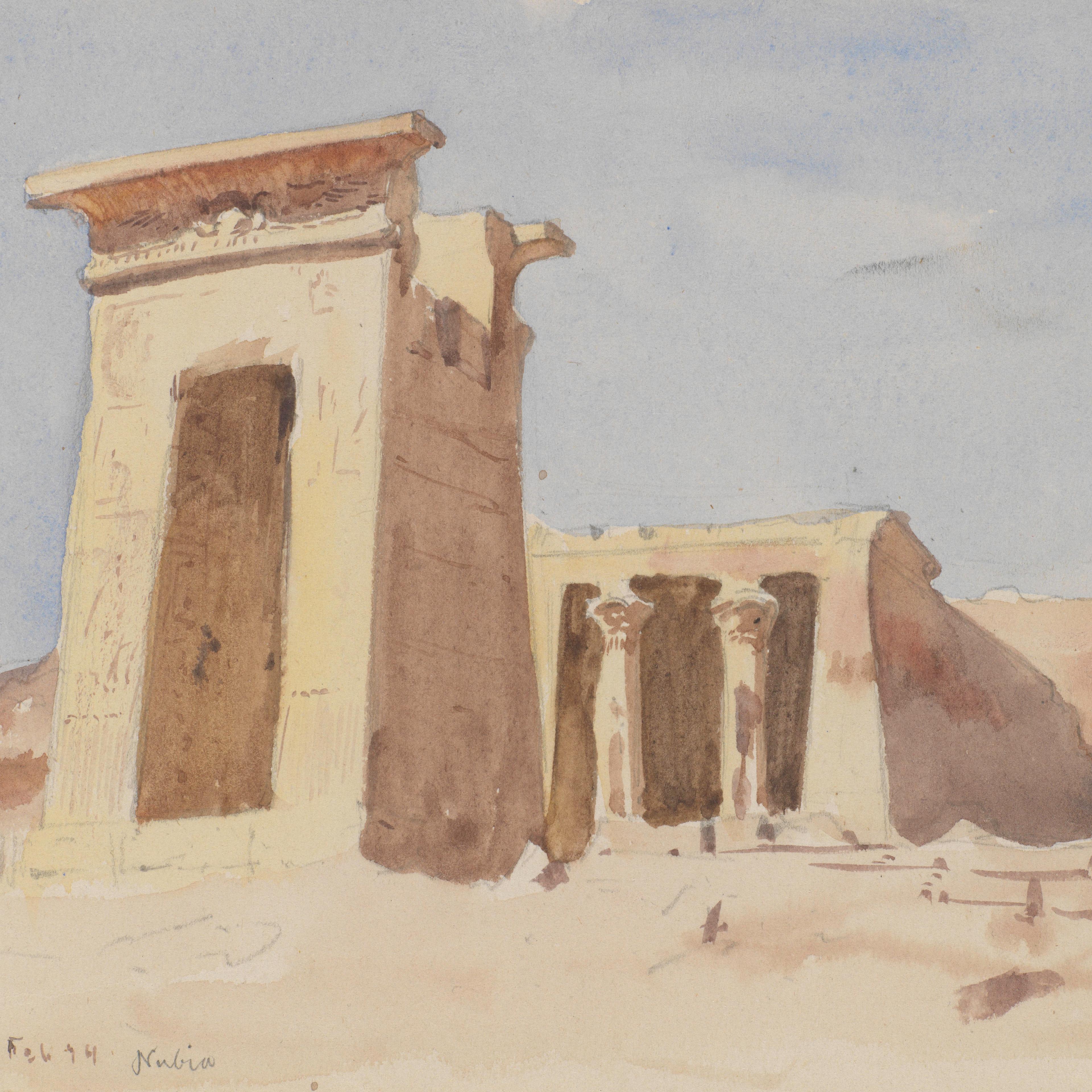 A watercolor and graphite painting of an Egyptian Temple with two distinct buildings with a sandy ground and blue sky background.