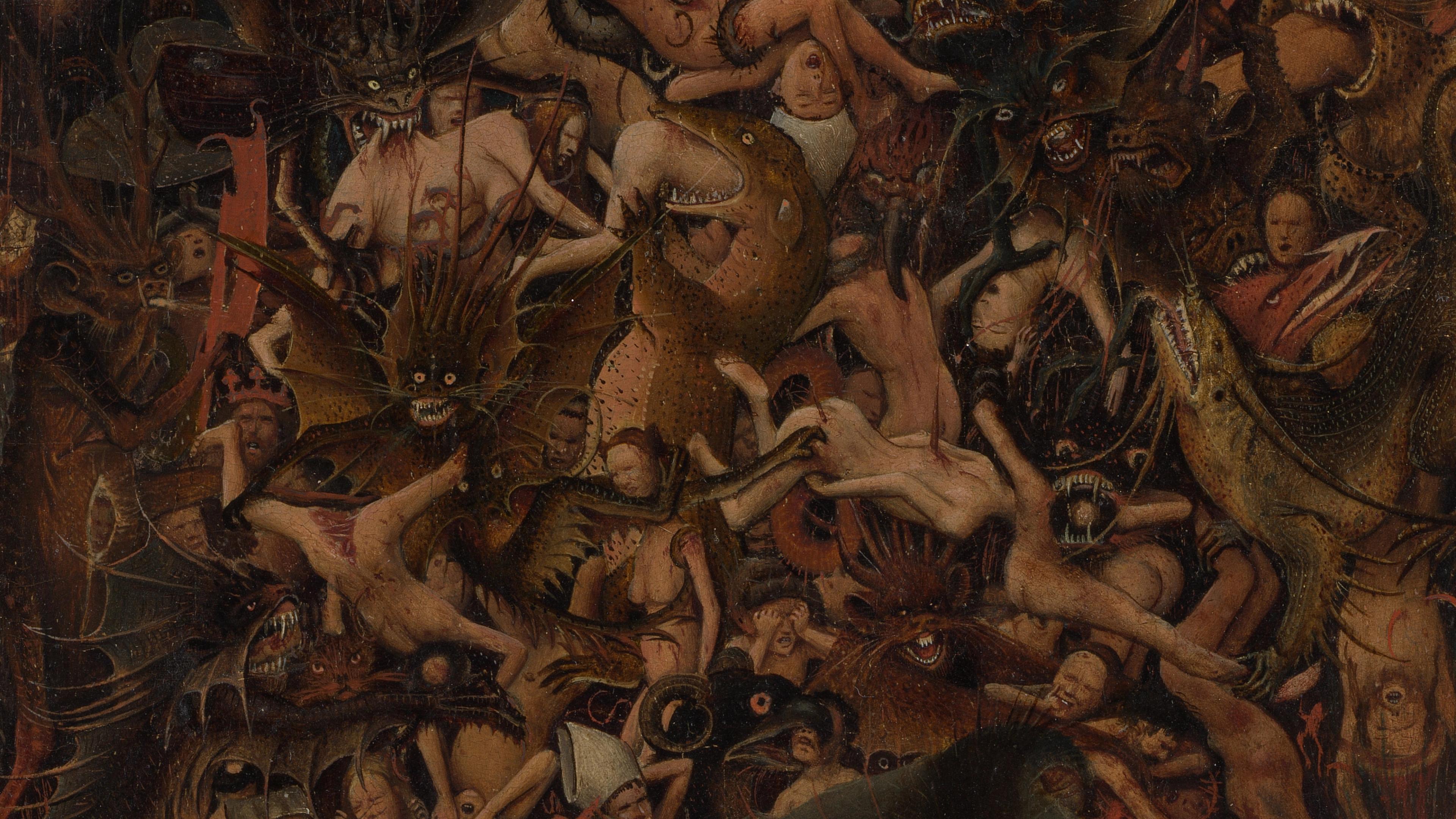 A dense, chaotic scene of fantastical demons and anguished human figures intertwined in an infernal landscape.