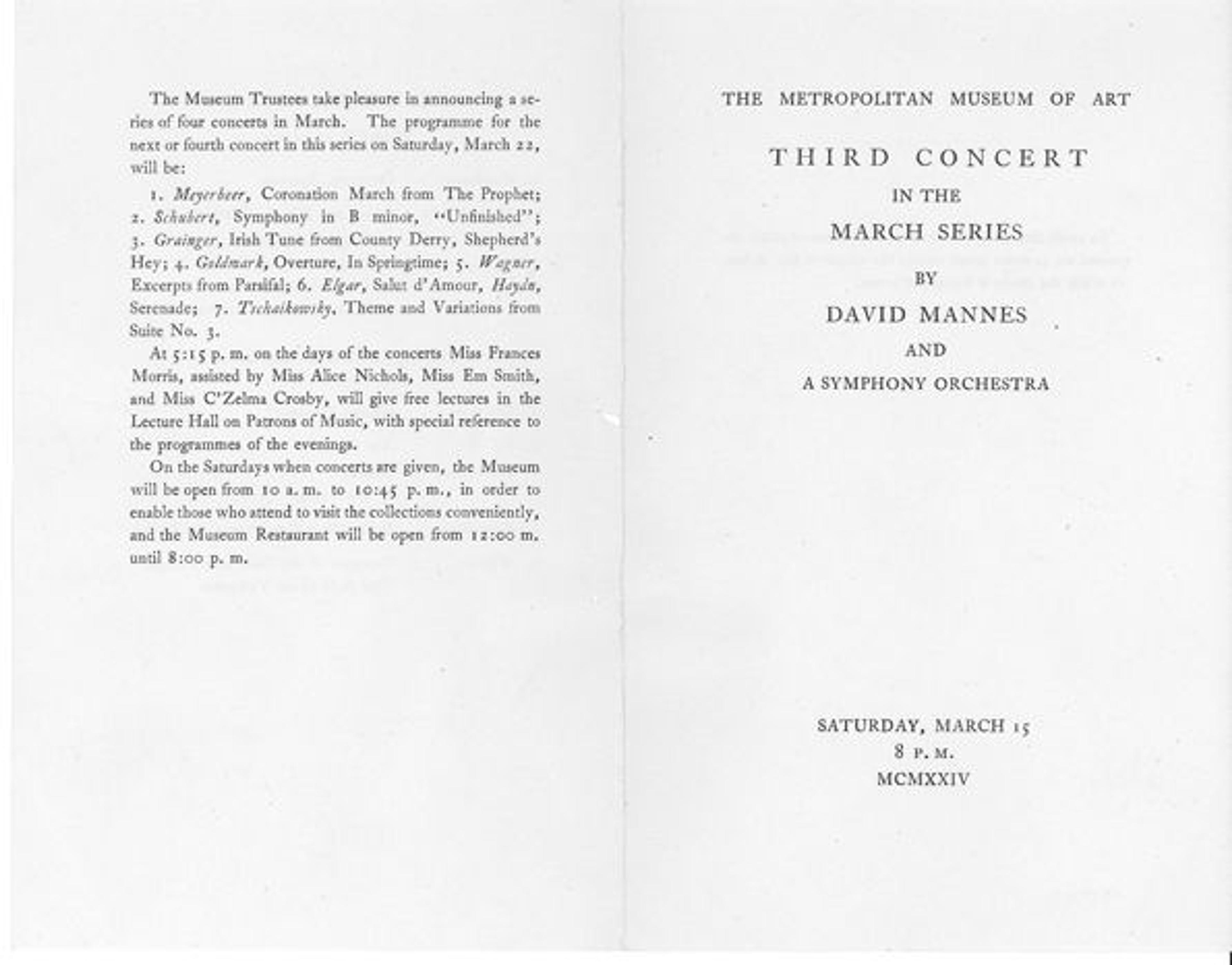 Program for a 1924 concert by "David Mannes and a symphony orchestra"