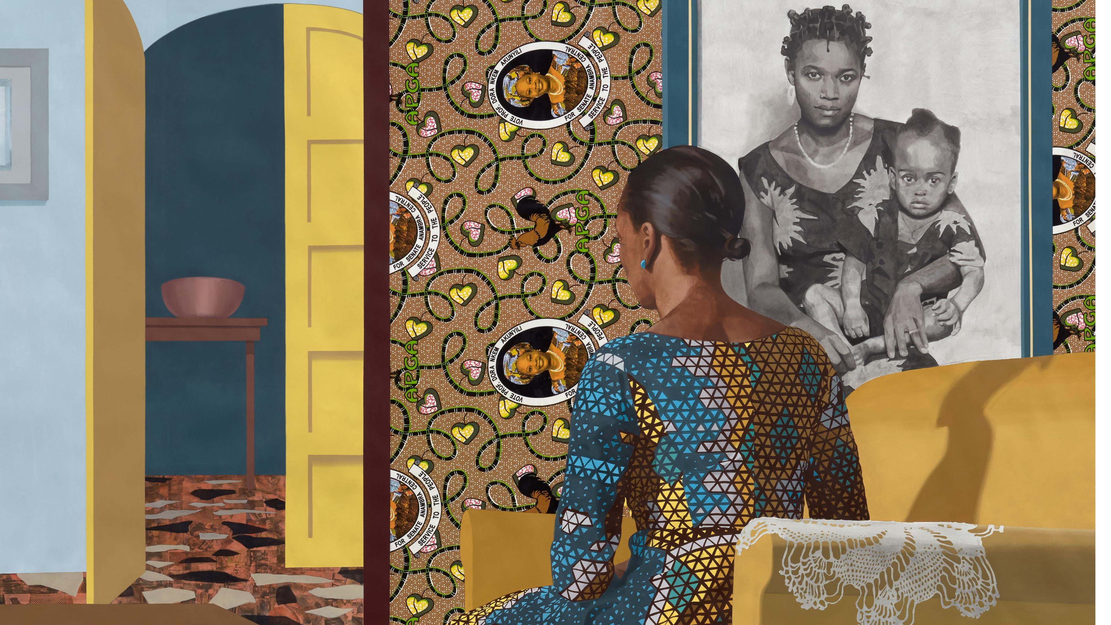 Njideka Akunyili Crosby (Nigerian, b. 1983). Mother and Child, 2016. Acrylic, transfer printing, colored pencil, cut and pasted paper, and printed fabric on paper, 95 3/4 in. x 10 ft. 4 1/4 in. (243.2 x 315.6 cm). The Metropolitan Museum of Art, New York, Purchase, The Jacques and Natasha Gelman Foundation Gift, 2017 (2017.106). © Njideka Akunyili Crosby. 