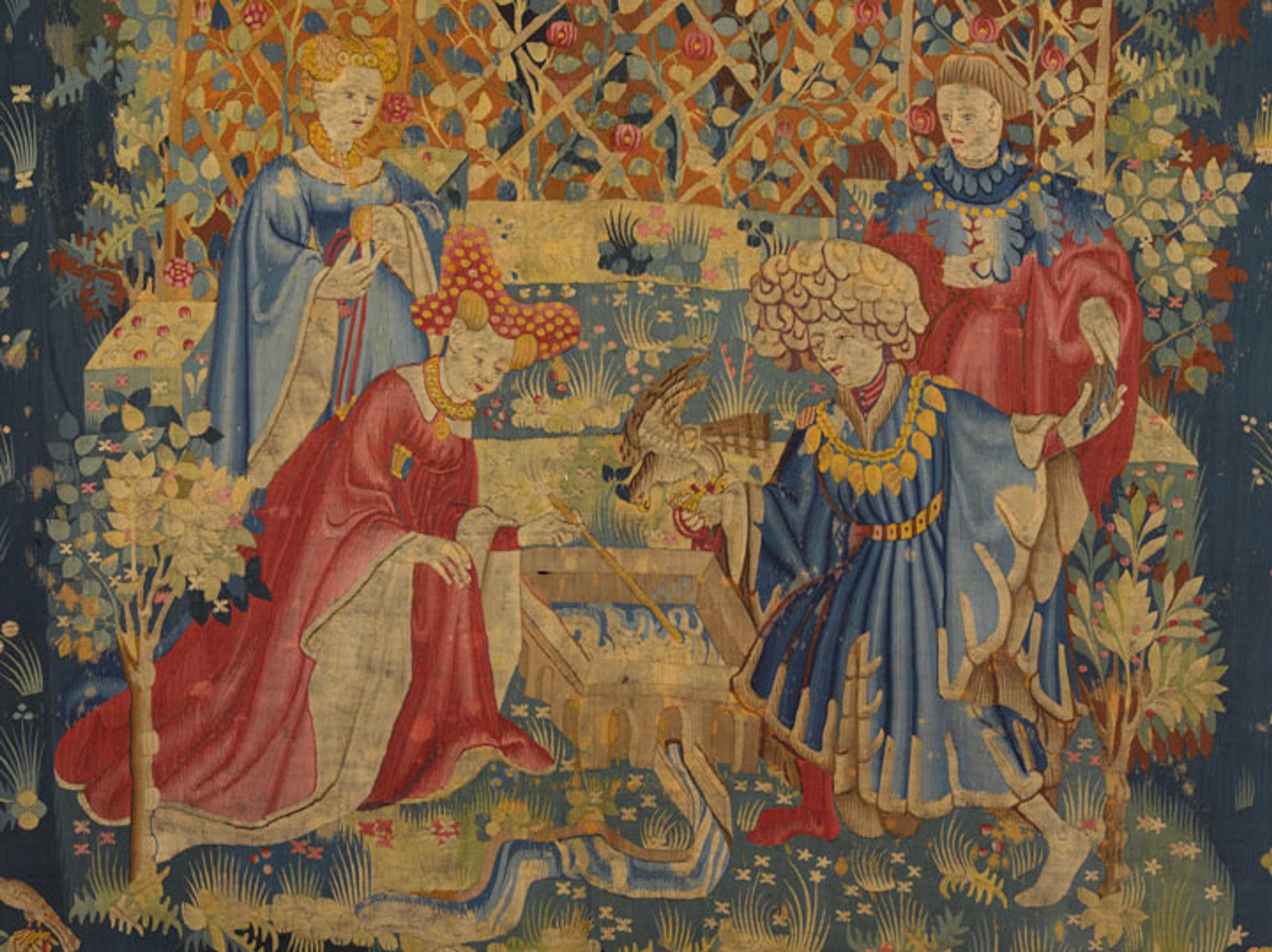 A man and woman, along with their attendants, are in the center of a tapestry on either side of a basin of water