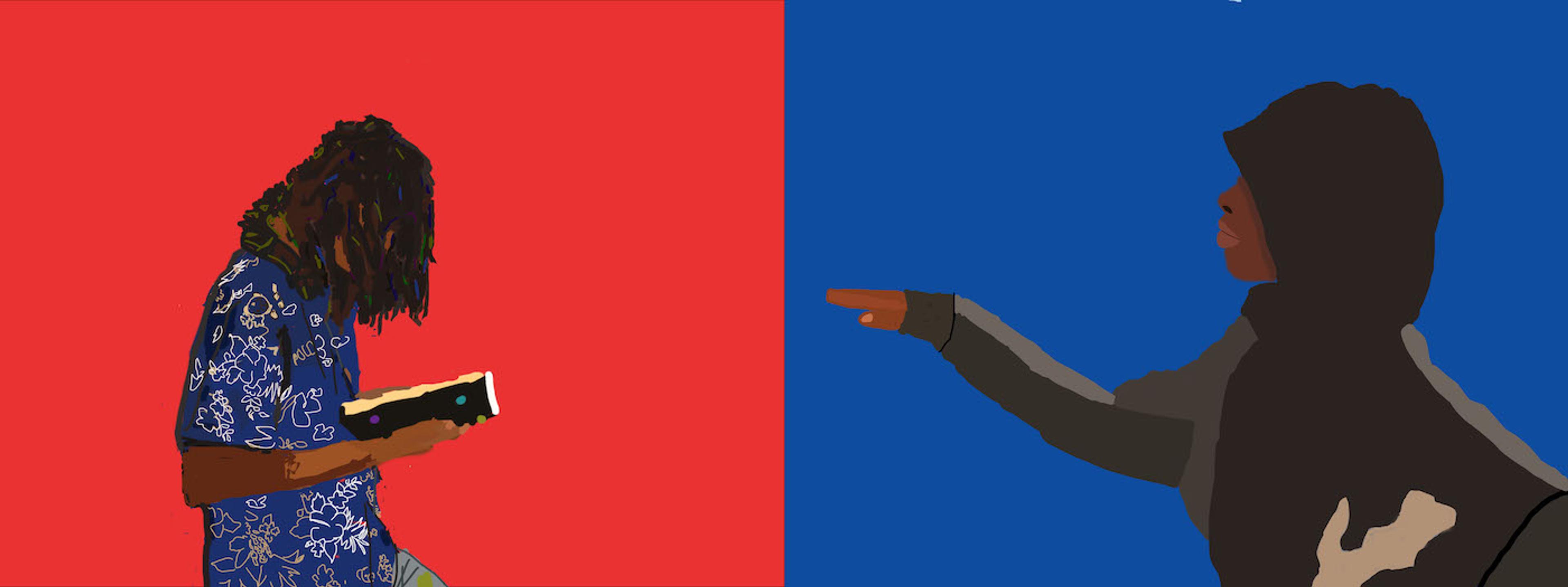 Digital illustration presented in a wide horizontal rectangular format. The left half of the rectangle has a red background, and the right half of the rectangle has a blue background. At left, an adolescent Black girl faces right, but looks downward at an open book held in her hands. She wears a blue, short- sleeved shirt decorated with light colored squiggle patterns. At right, another adolescent Black girl faces left, pointing left with her right hand while her left hand is held on her hip. She wears a black and gray sweatshirt with a hoodie pulled up over her head.