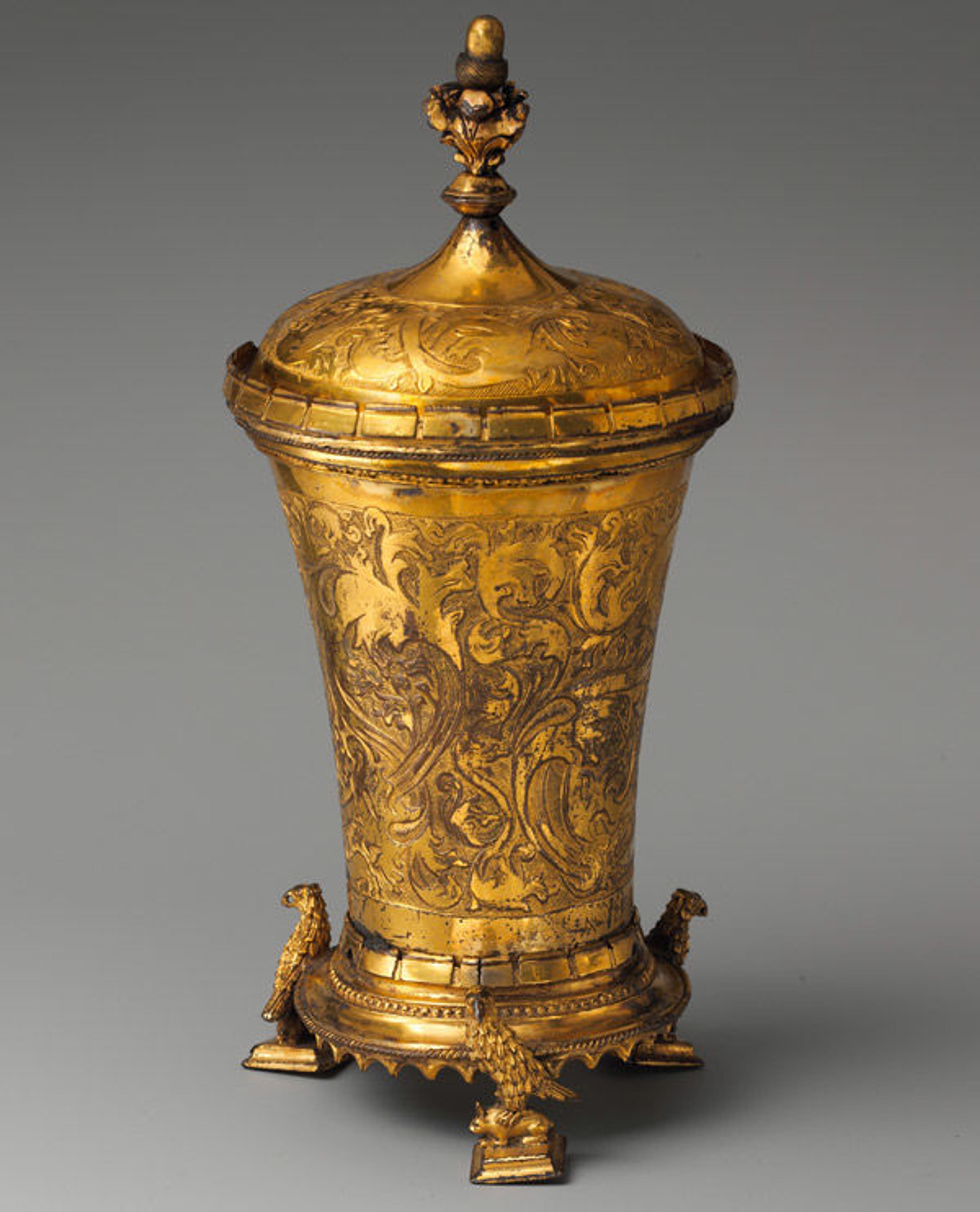 Covered beaker, ca. 1490–1500. Made in Nuremberg, Germany. German. Copper gilt; Overall: 9 1/16 x 3 3/4 in. (23 x 9.5 cm). The Metropolitan Museum of Art, New York, The Cloisters Collection, 1994 (1994.270a, b)