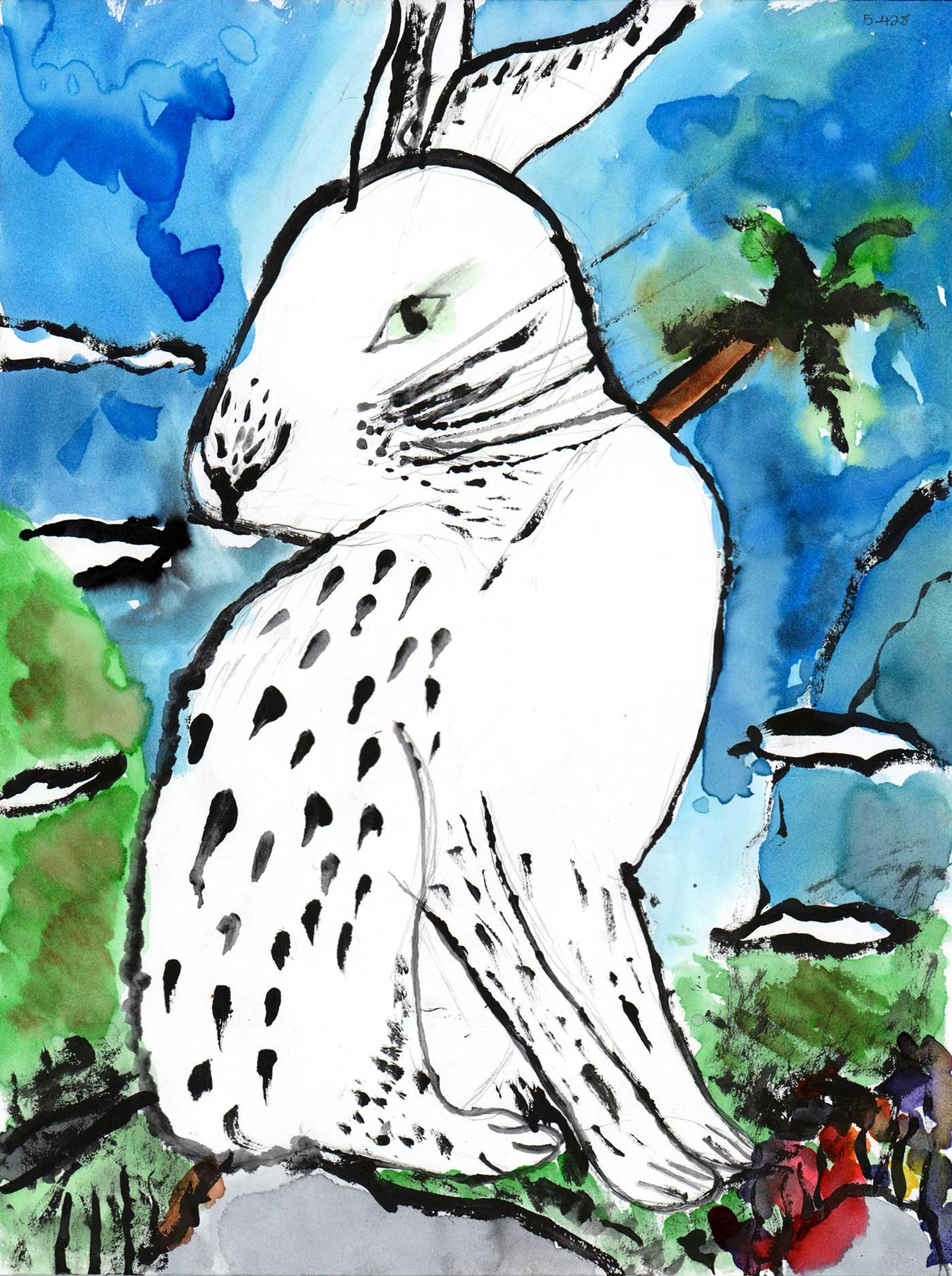 Painting of a white rabbit surrounded by trees and a blue background.