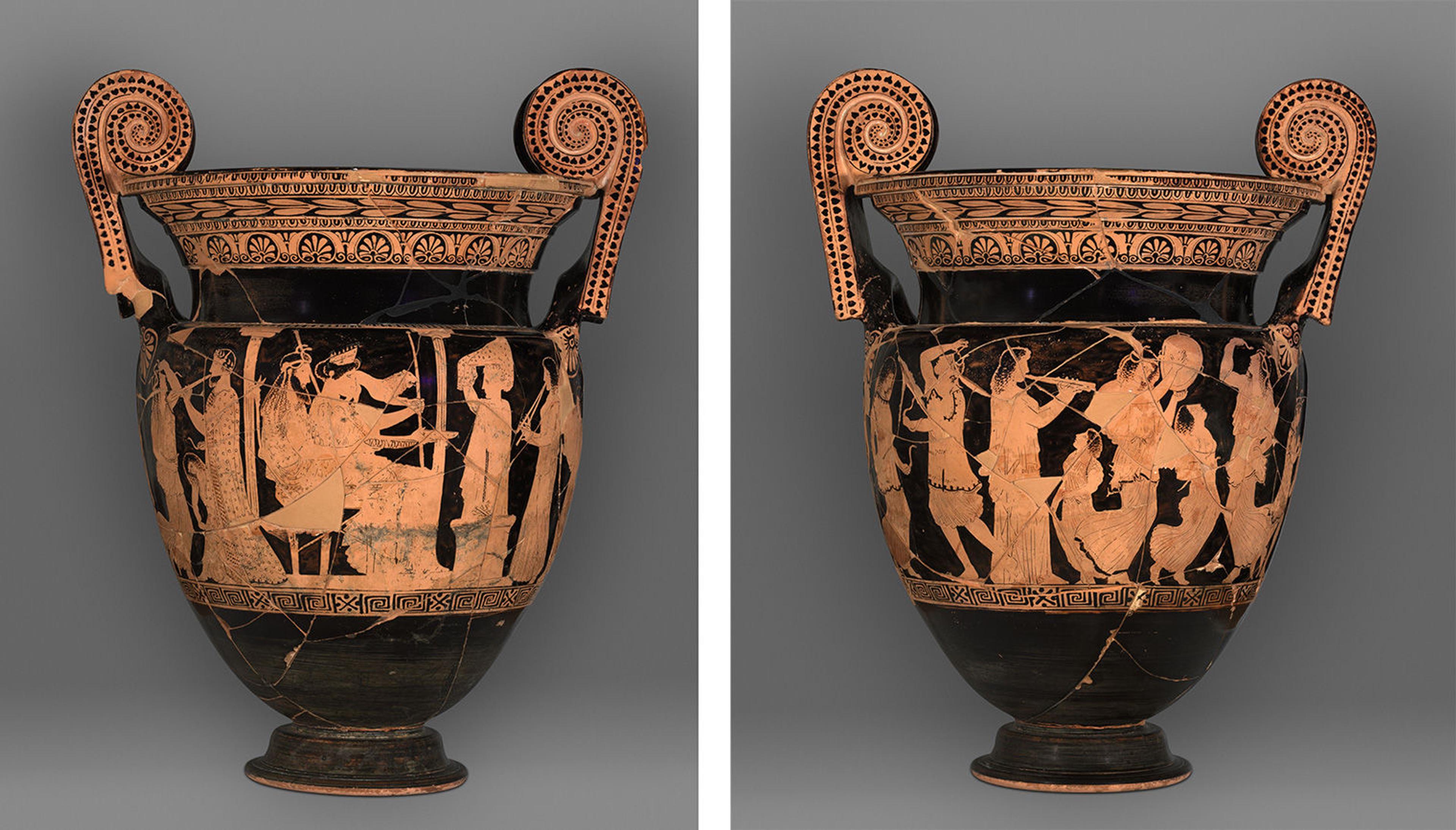 Two images showing each side of a volute-krater. The object is black with red details that show a divine couple surrounded by figures performing and dancing to music.