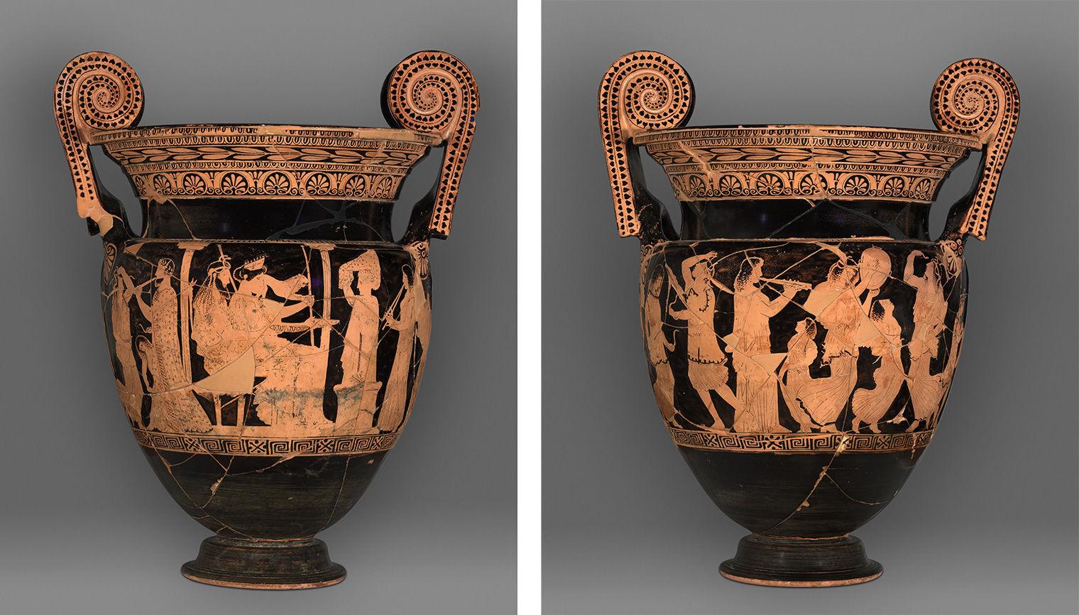 Two images showing each side of a volute-krater. The object is black with red details that show a divine couple surrounded by figures performing and dancing to music.