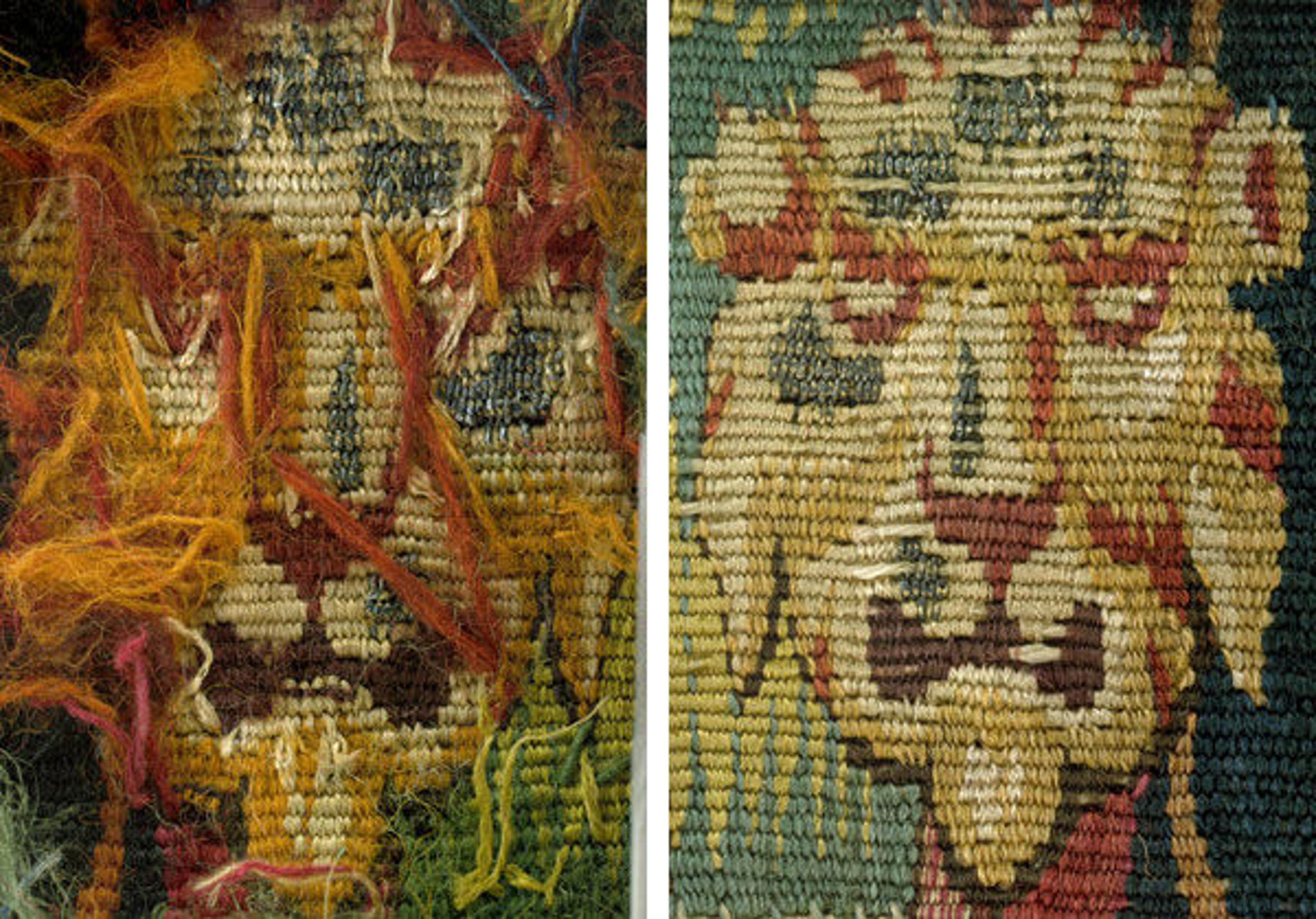 Left: Back detail of lion mask from "Abraham Entertaining the Angels" from Scenes from the Lives of Abraham and Isaac. Flemish, ca. 1600 (41.100.57e). Right: Detail of lion mask from "Abraham Entertaining the Angels" from Scenes from the Lives of Abraham and Isaac. Photos by Cristina Balloffet Carr © Metropolitan Museum of Art
