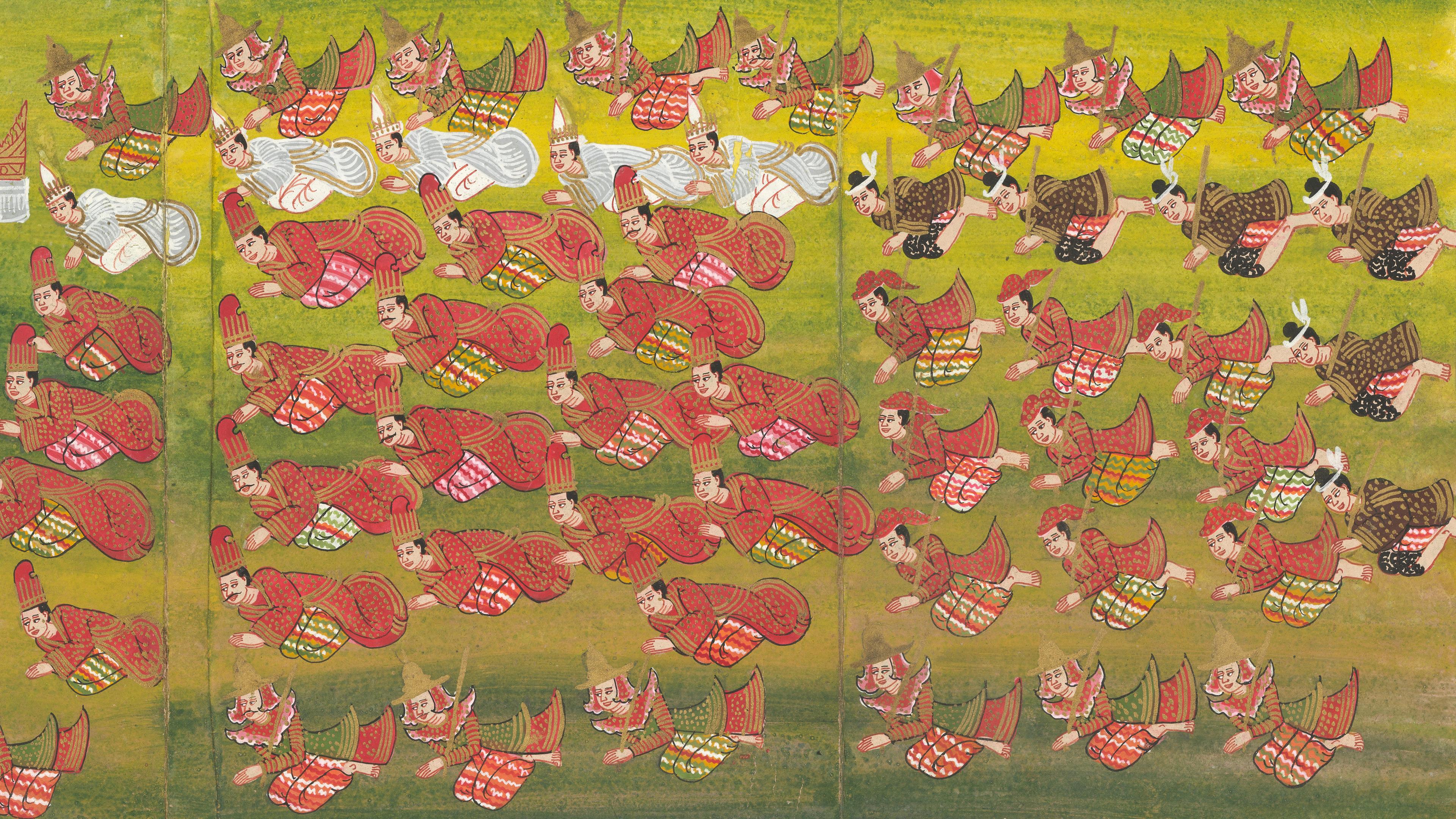 Detail from a Burmese folding paper manuscript of fifteen panels. In this panel, dozens of figures kneel on the ground with their hands pressed together.