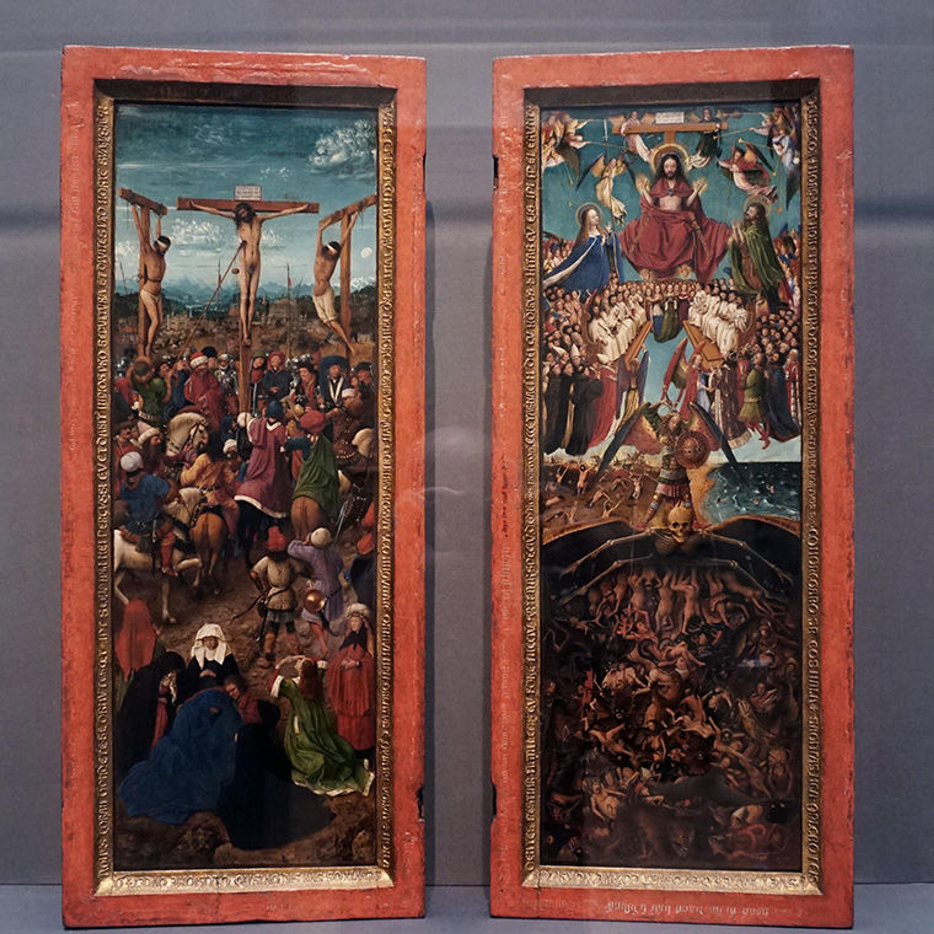 View of Jan van Eyck's "Crucifixion" and "Last Judgment" installed in a European paintings gallery at The Met Fifth Avenue