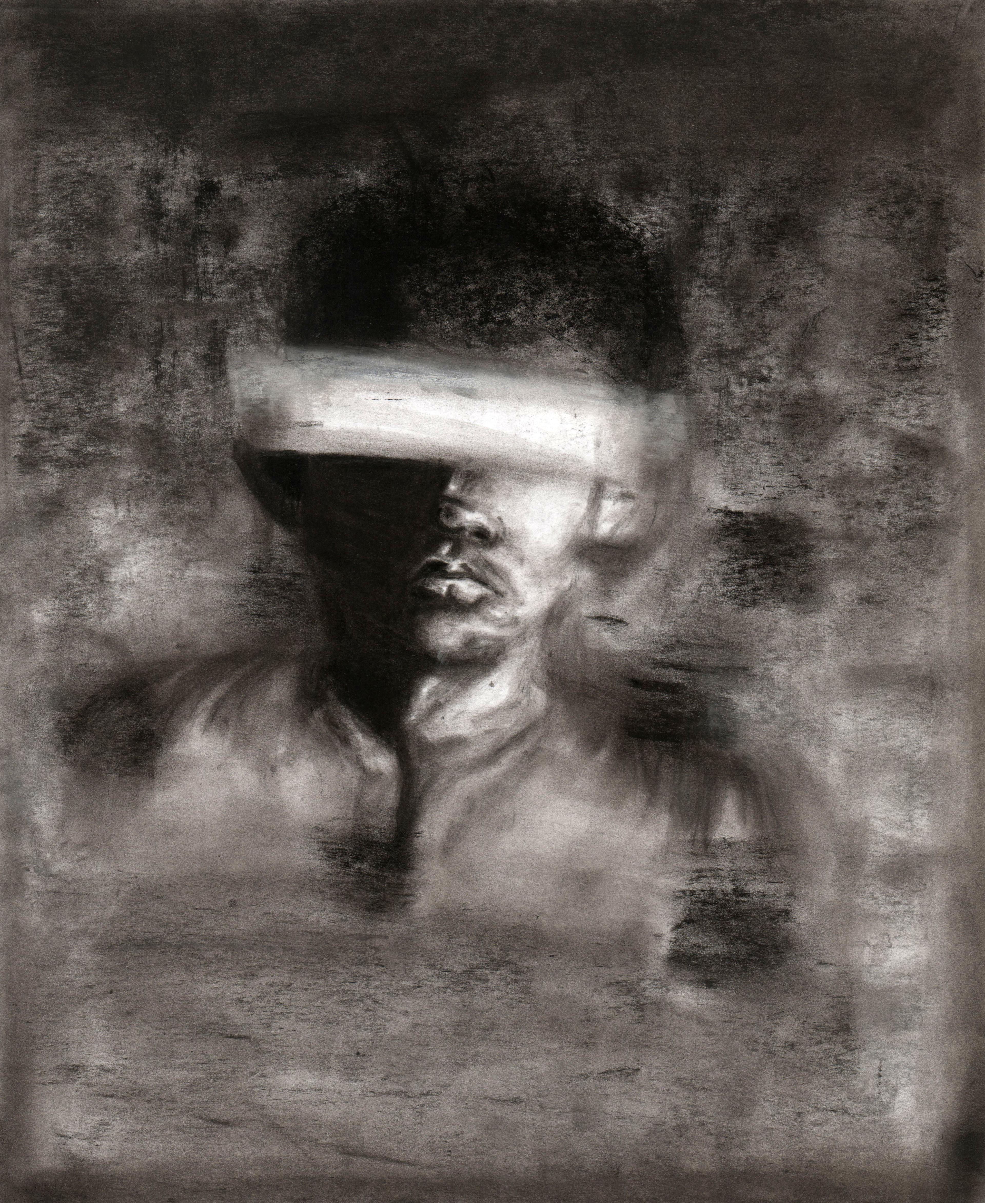 Charcoal gray self-portrait of a dark-haired adolescent boy facing the viewer with a stony, closed mouth expression on his face. The boy's eyes are crossed out horizontally as if to suggest a white blindfold. The boy wears a gray shirt and emerges from a dark gray background in vignette. The right side of the boy's face is fully shrouded in black shadow.