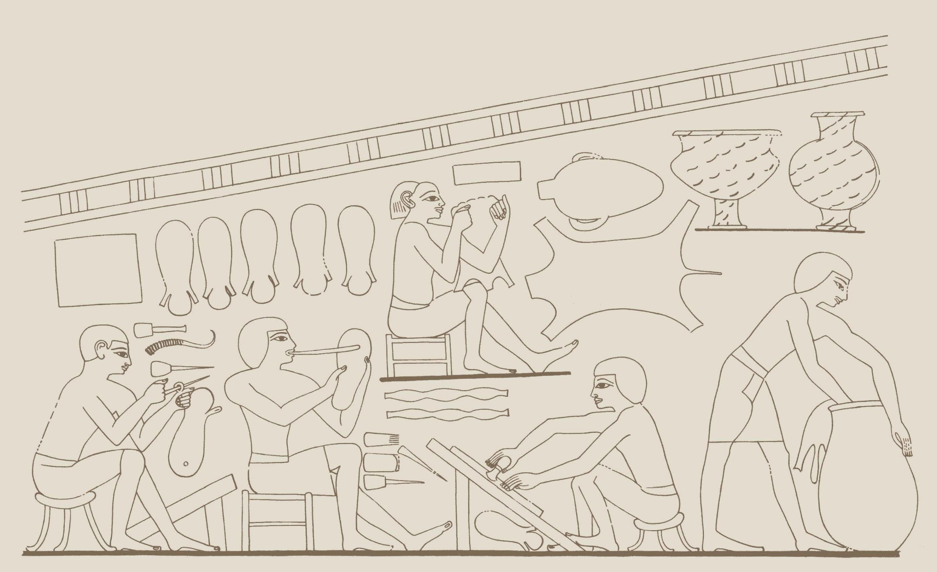 Facsimile drawing of a scene of leather workers from the tomb of Rekhmire