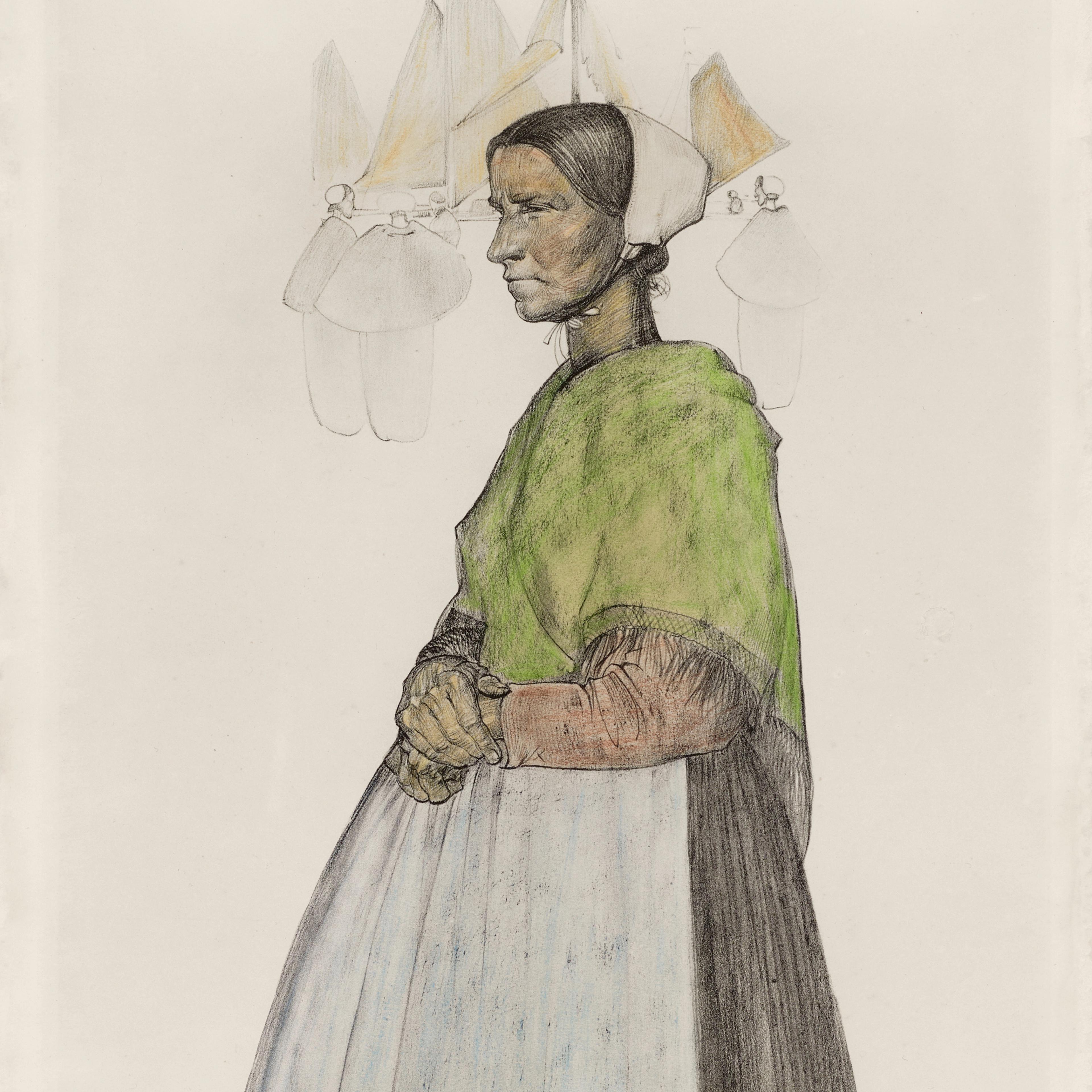A woman in traditional attire with a green shawl and white bonnet stands in profile, hands clasped. Sketched figures and sailboats float softly behind her.