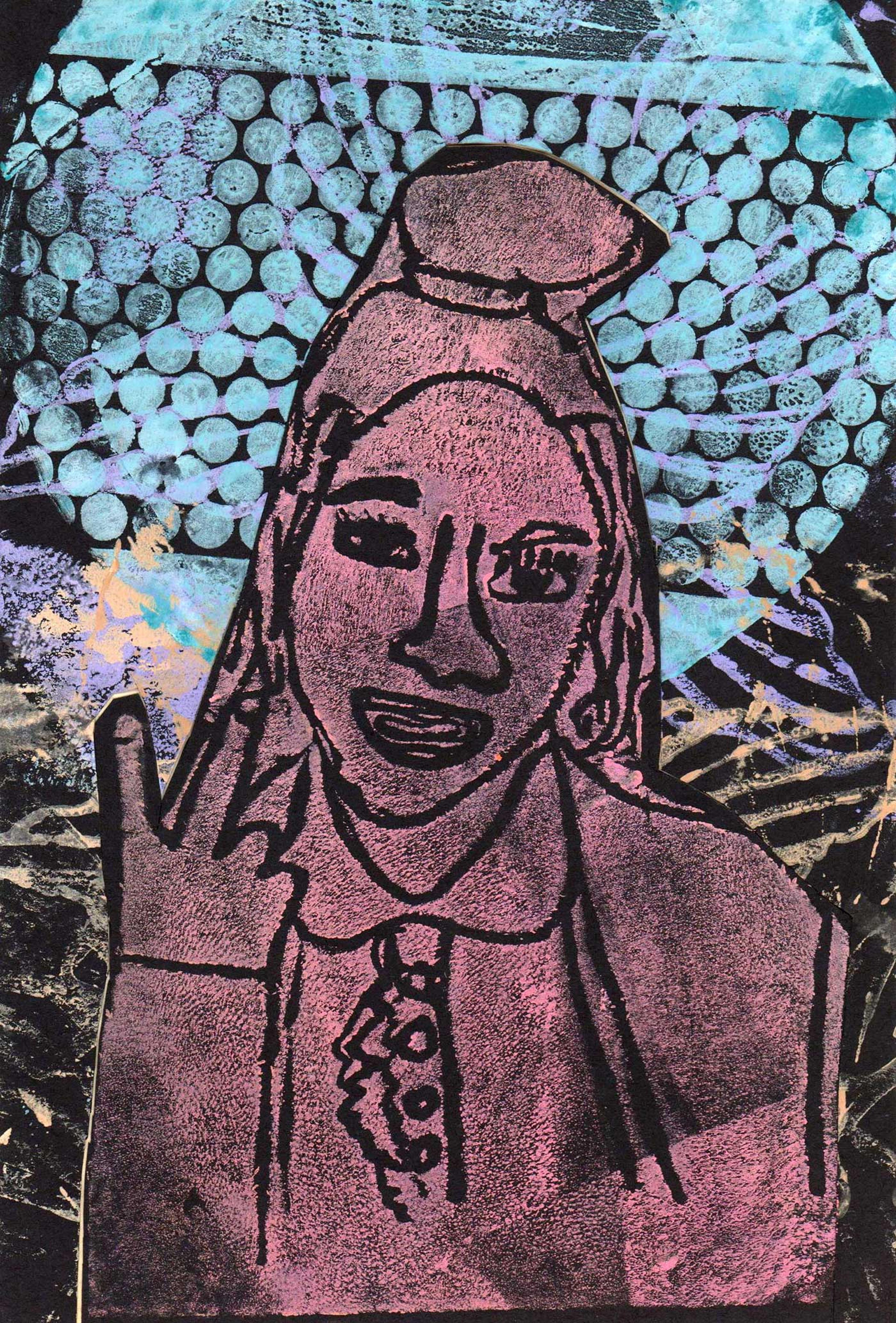 Drawing of a young girl done in pink with a blue background.