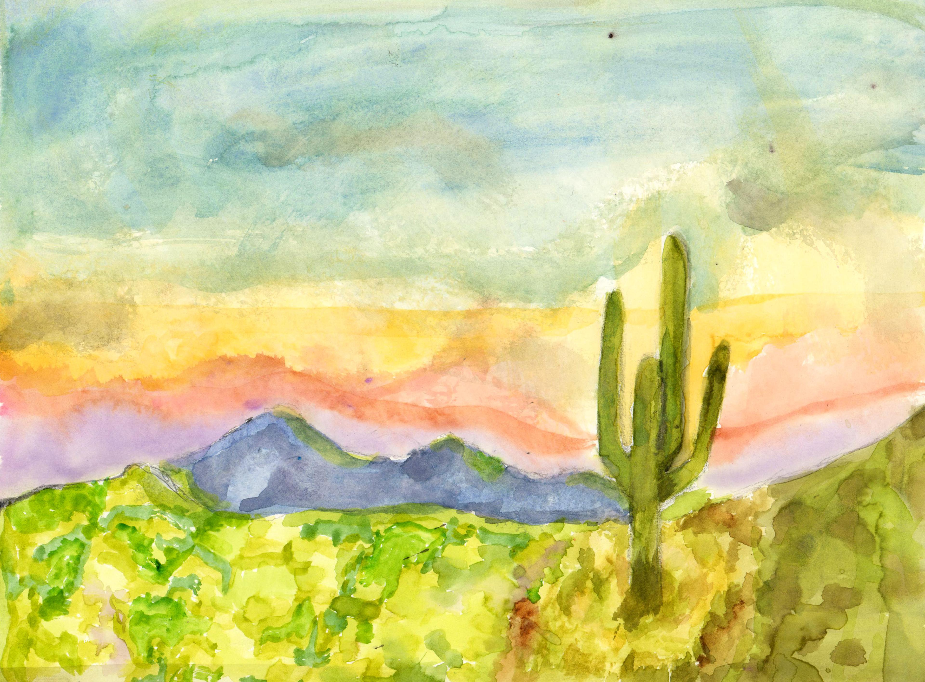 Watercolor painting of pale green cactus with four tall stems standing in a green field beneath a pale blue sky that shifts downward in hue to yellow, then red, above a distant blue mountain range on the horizon. The cactus appears in the foreground, just right of center in the image.