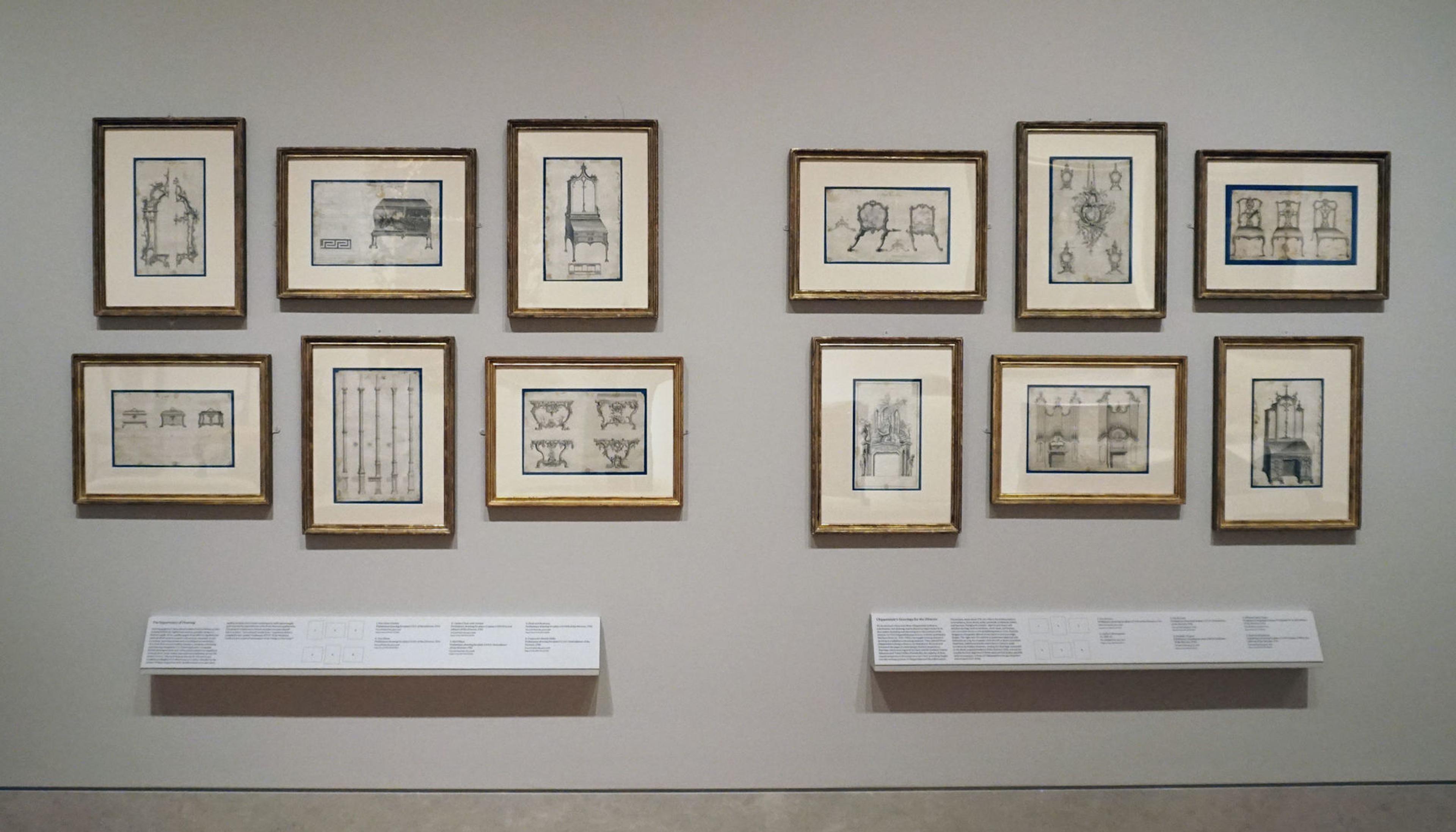 Installation view of a wall of Chippendale drawings on view in a Met exhibition