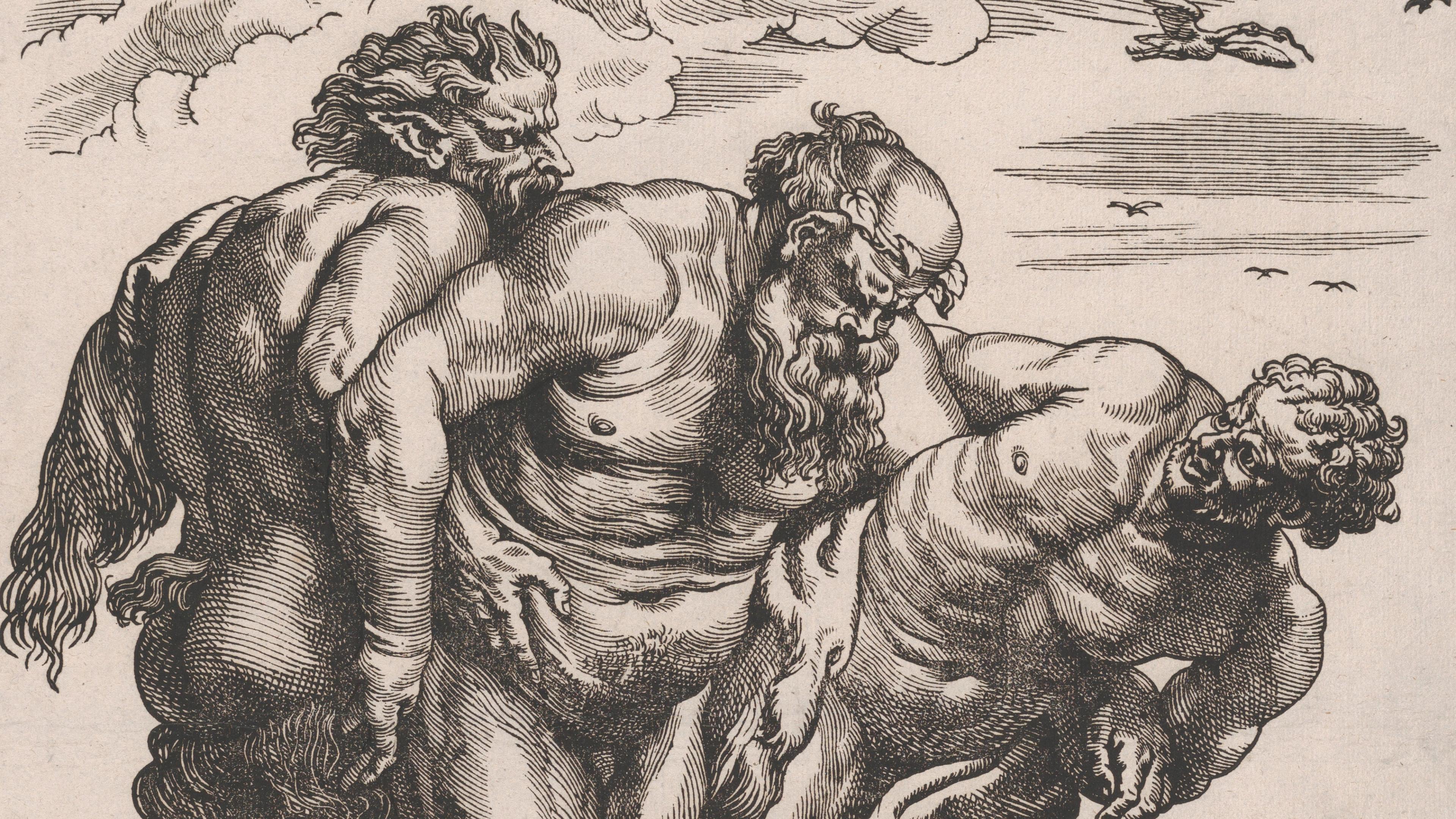 Detail view of three figures from the woodcut "The March of Silenus" by Christoffel Jegher (after Peter Paul Rubens).