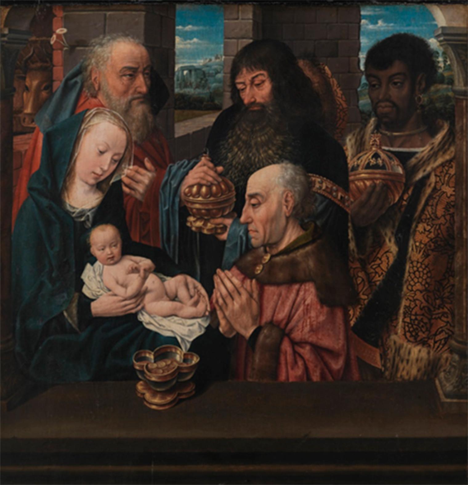 The Adoration of the Magi, a copy after Hugo van der Goes. It shows Joseph, the Virgin, and the Christ Child in the foreground, while the three magi stand behind them.