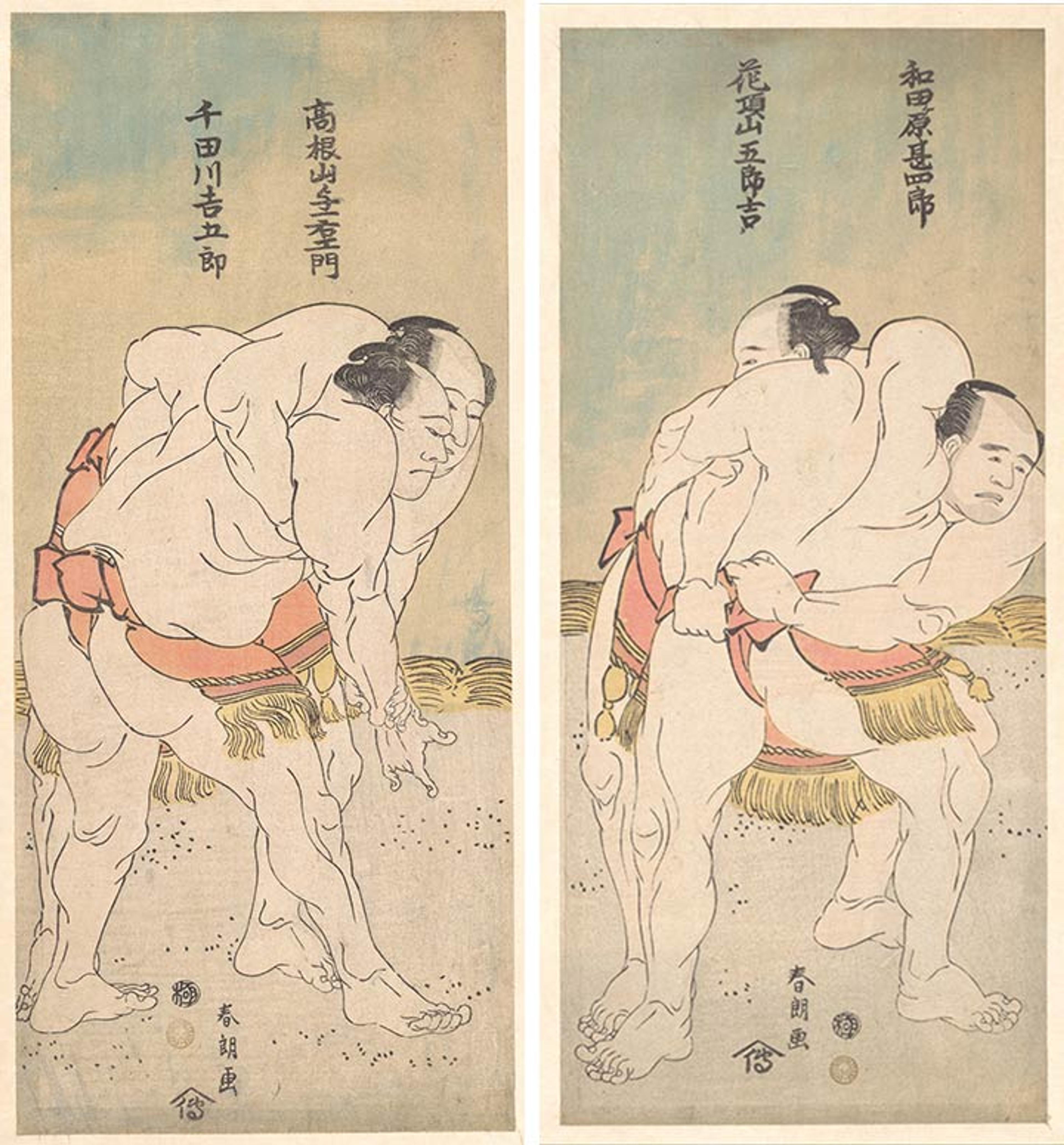 Two wood prints of big sumo wrestlers wearing red belts with yellow fringe
