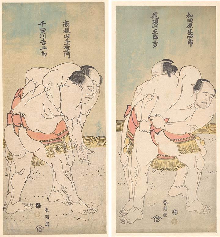 Two wood prints of big sumo wrestlers wearing red belts with yellow fringe