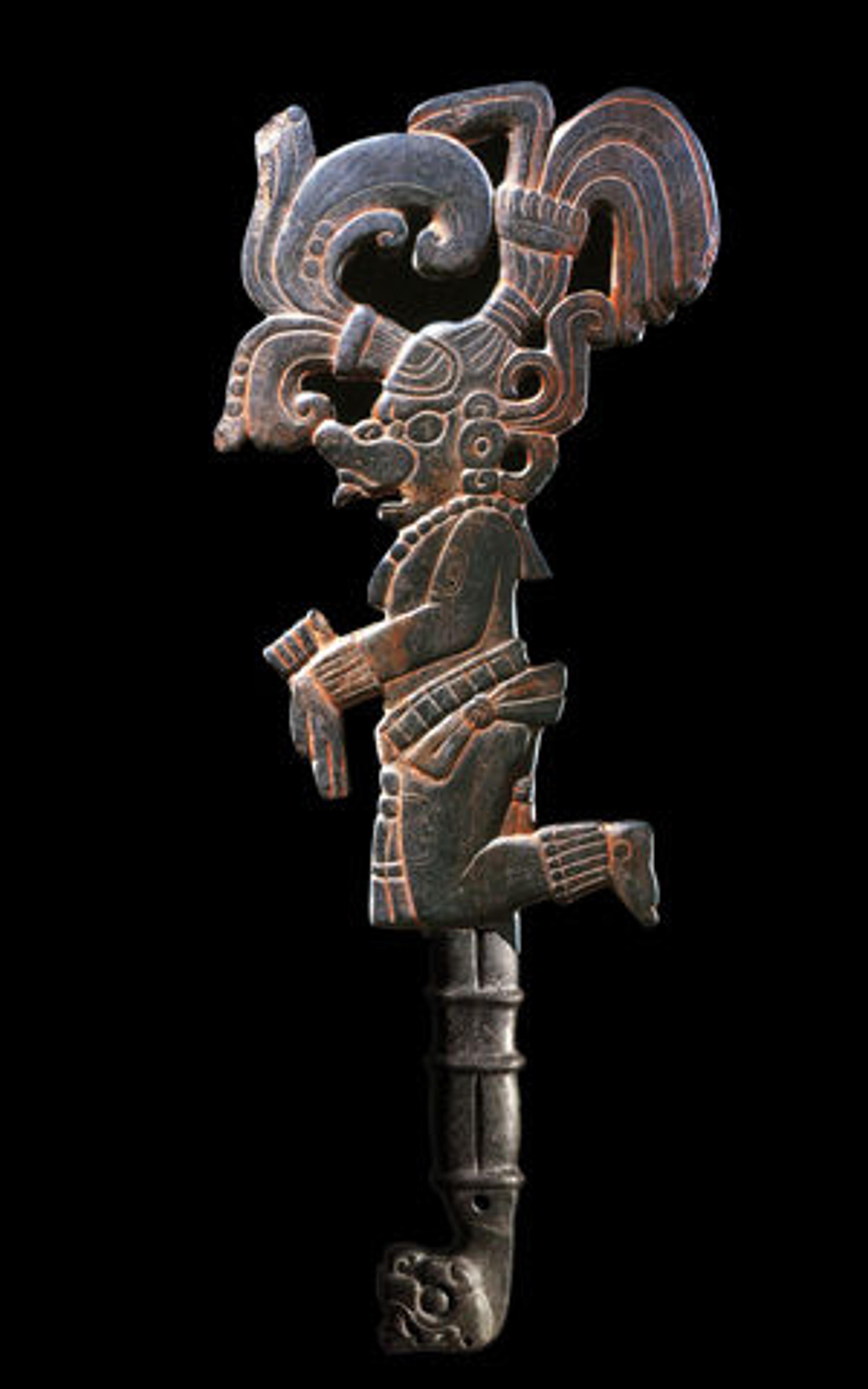 Fig. 4. A hypothetical reconstruction of the Met's K'awiil scepter, based on plate 72 in Lords of Creation: The Origins of Sacred Maya Kingship by Virginia Fields and Dorie Reents-Budet.