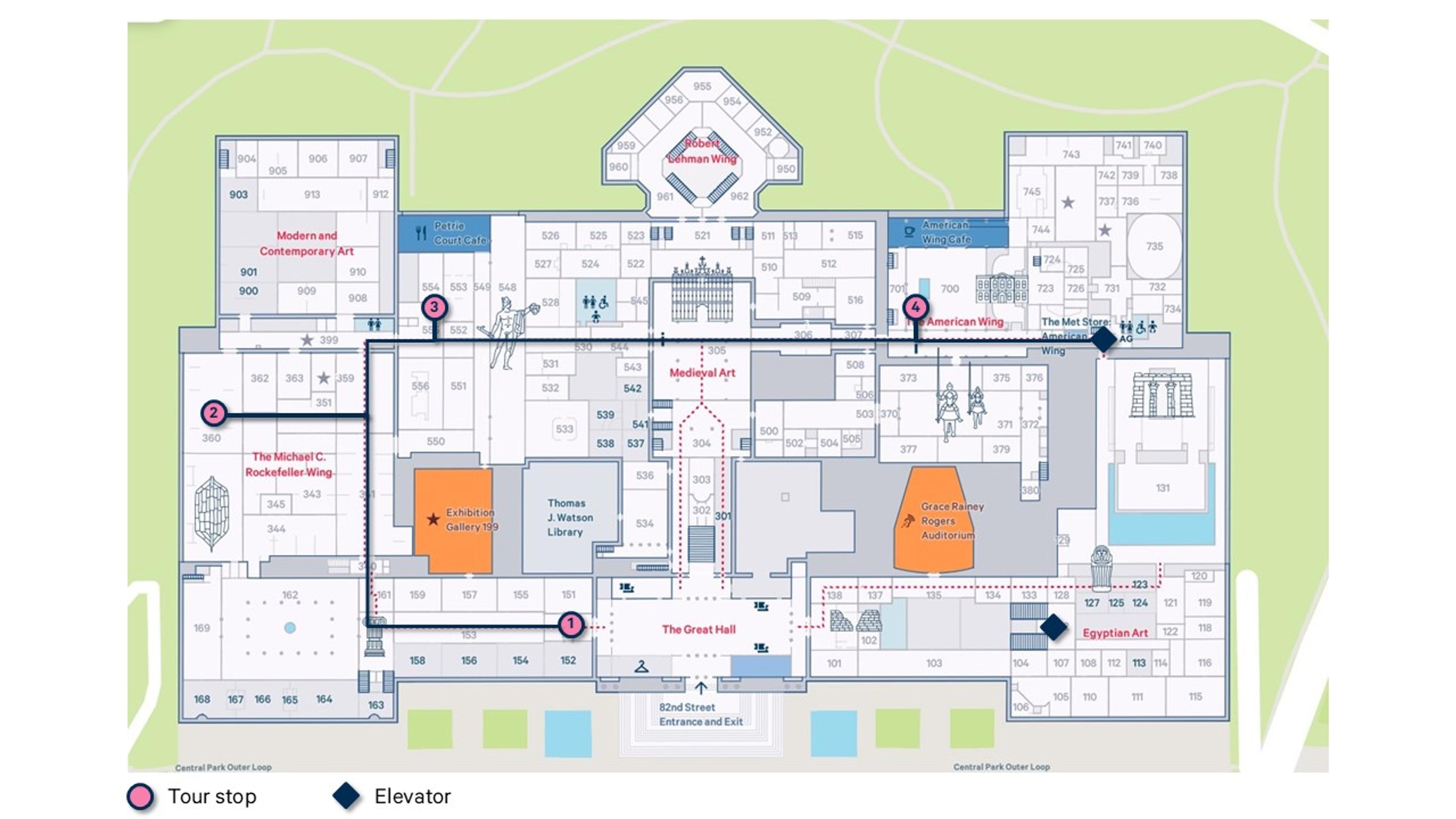 Map showing first floor stops on the 2026 Met Members tour.