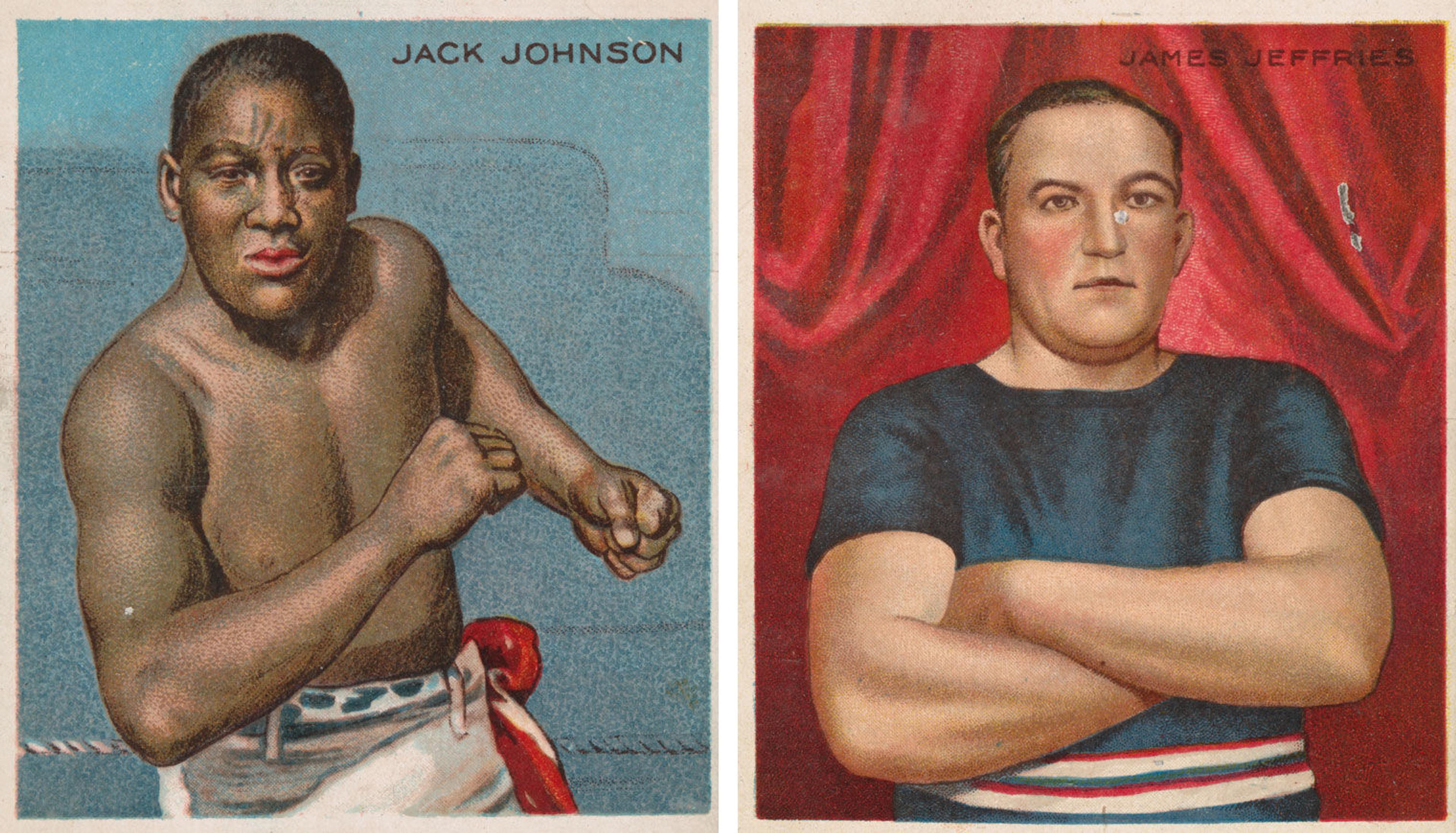 Vintage boxing cards from the early 20th century depicting Jack Johnson (left) and James Jeffries (right)