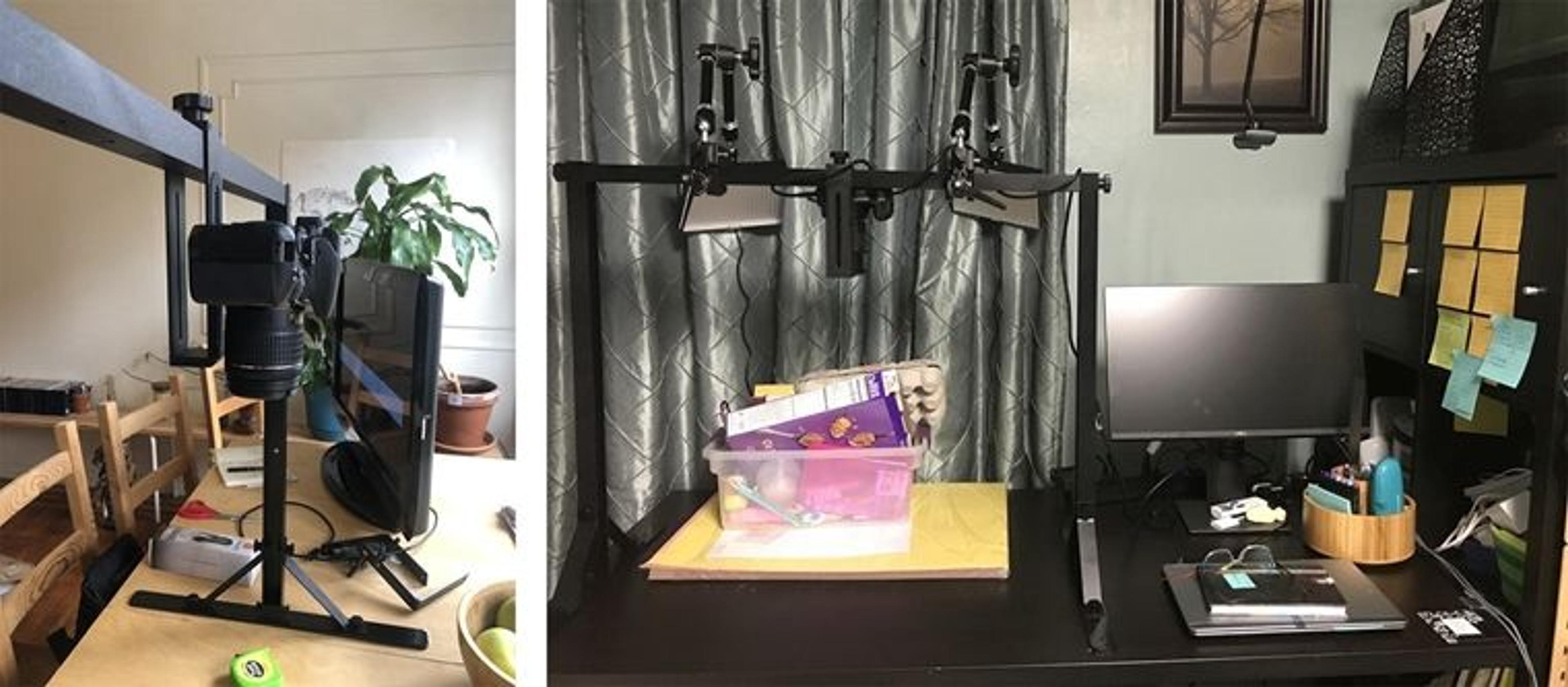 Left: a camera tripod is arranged on a wooden table alongside a monitor and various tools. Right: A camera tripod with LED lights attached is set up over a clear tub in art supplies on a desk in someone's home.