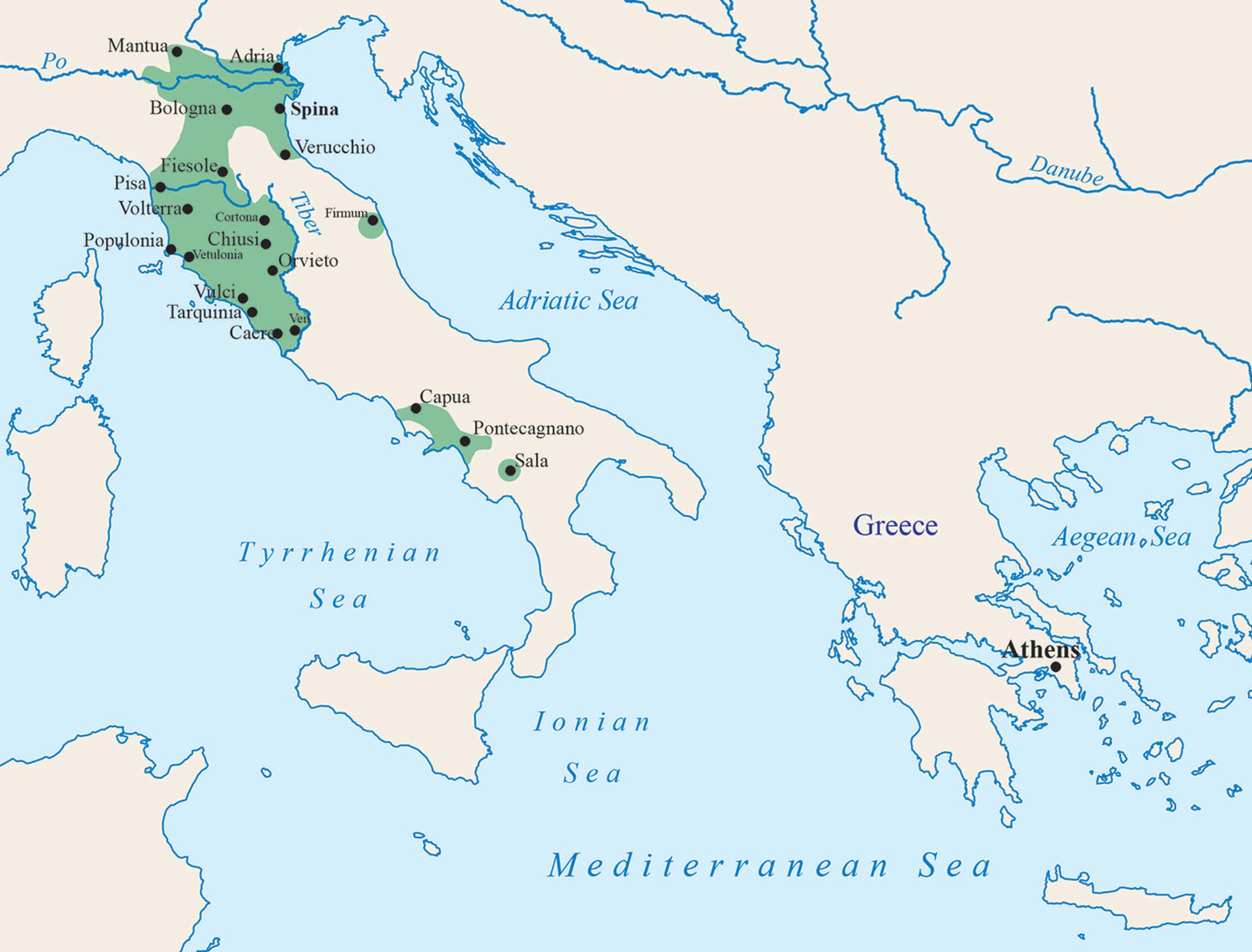 Map of the Mediterranean area. Green shading shows Etruscan lands and cities, primarily concentrated in northern and western Italy. Further east, the map highlights the location of Athens.