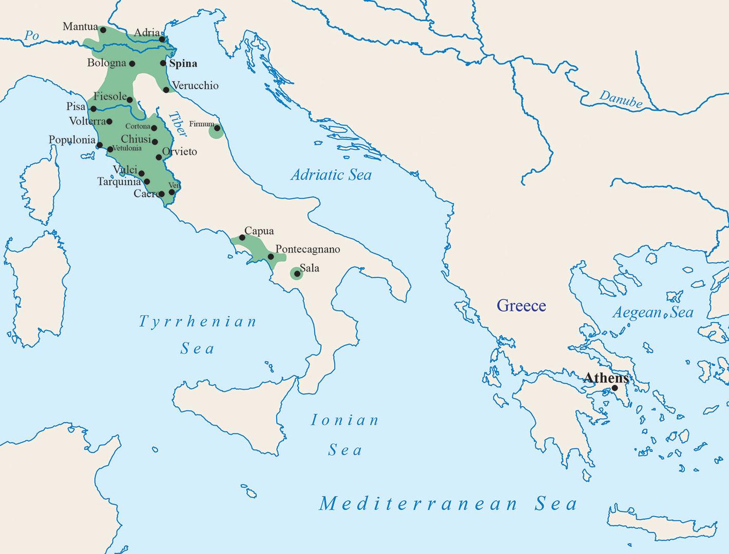 Map of the Mediterranean area. Green shading shows Etruscan lands and cities, primarily concentrated in northern and western Italy. Further east, the map highlights the location of Athens.