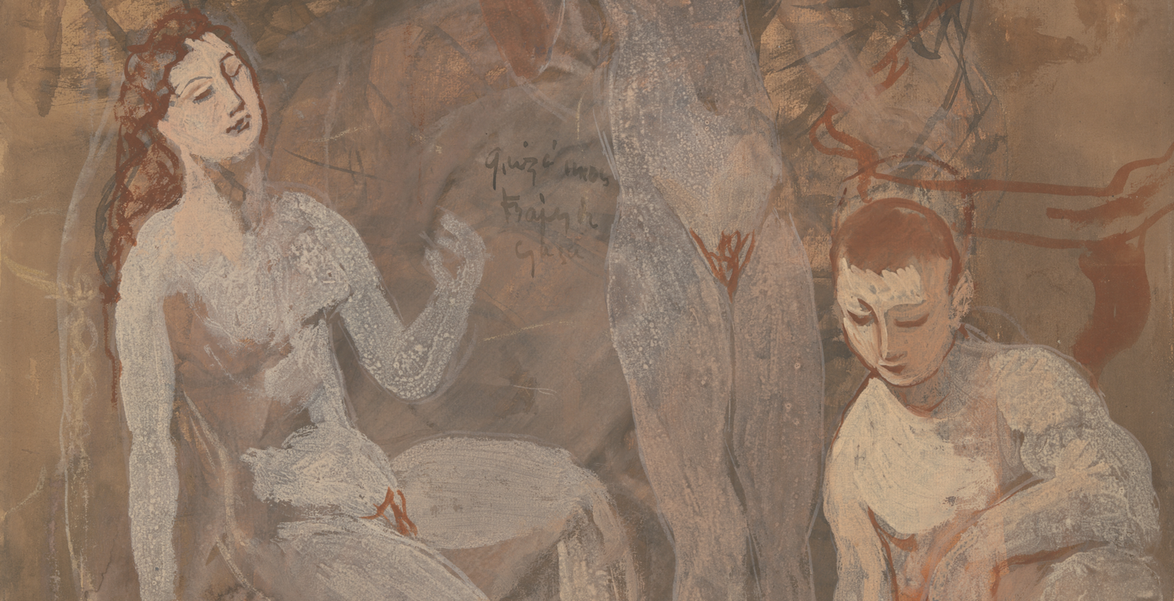 Painting of two nude women and one nude man with earlier sketches and inscription in the light brown background
