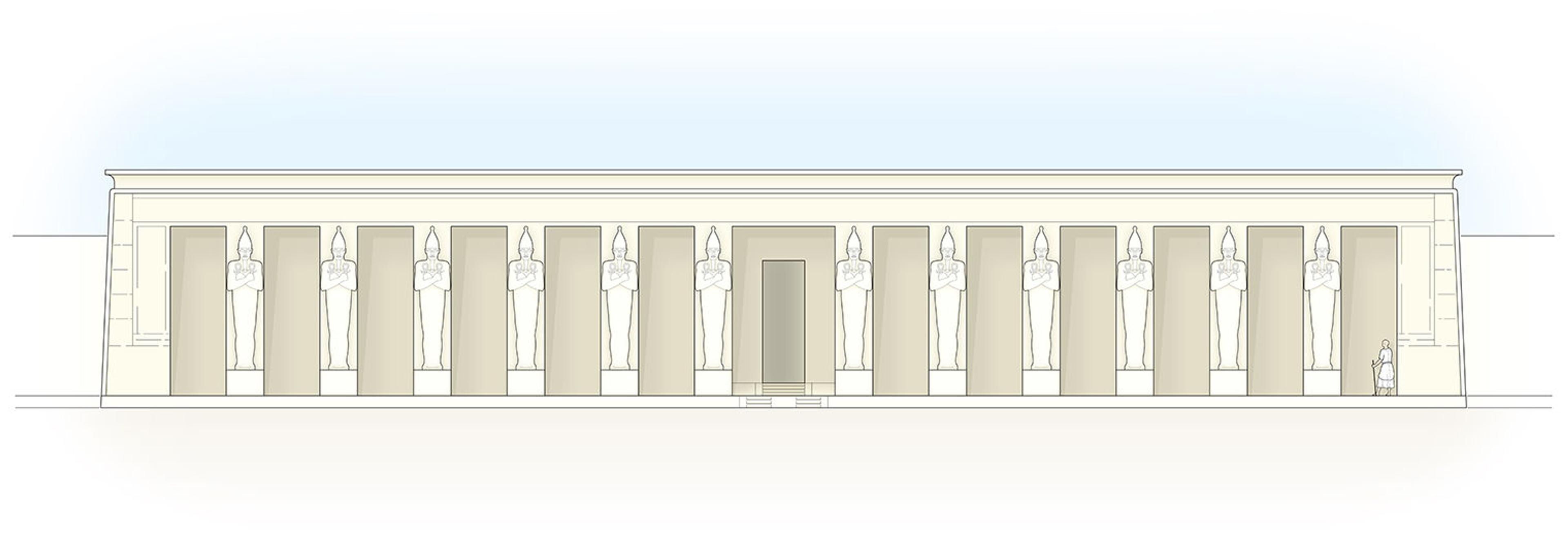 Drawing of a low rectangular temple facade with an entrance in the center and pilasters along the front. A mummiform statue in a tall crown stands in front of each pilaster.