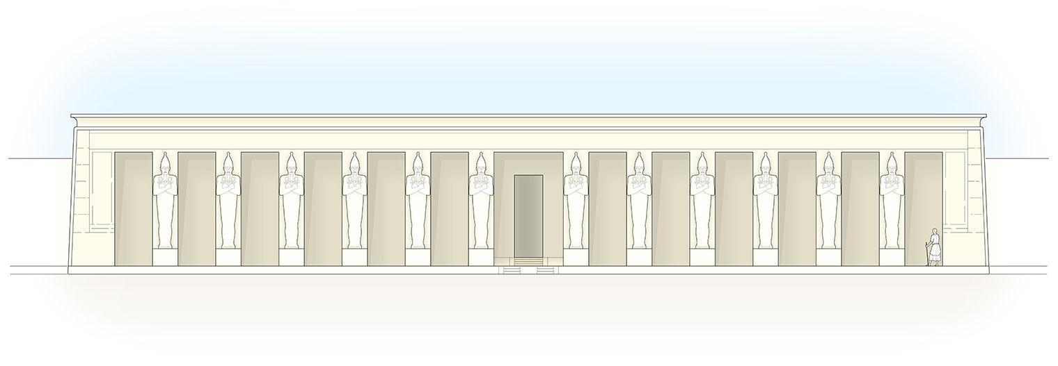 Drawing of a low rectangular temple facade with an entrance in the center and pilasters along the front. A mummiform statue in a tall crown stands in front of each pilaster.
