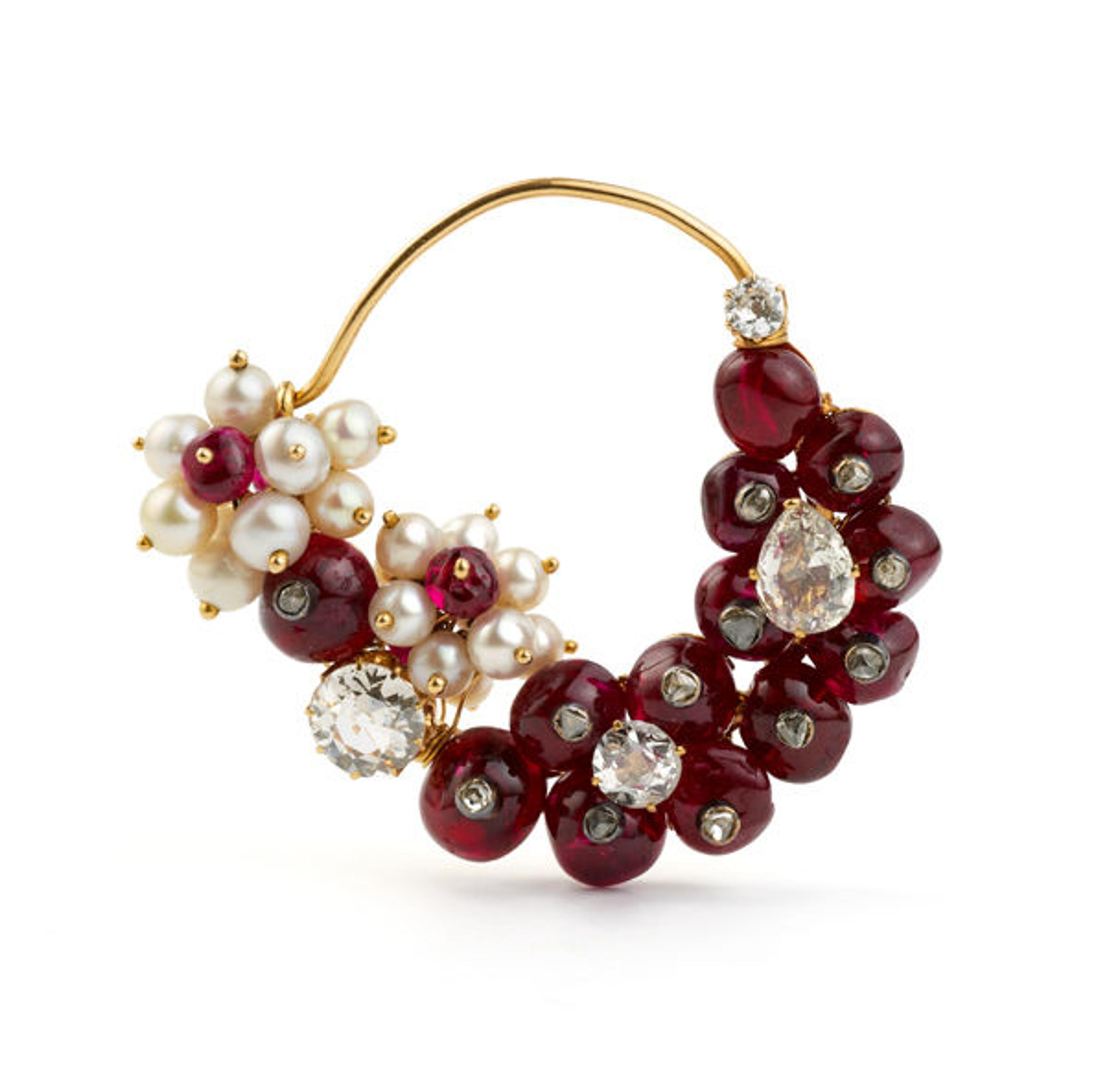Nose Ring (nath), 1925–50. Western India. Gold, with diamonds, seed pearls, and rubies; H. 1 5/8 in. (4.2 cm), W. 1 1/2 in. (3.7 cm). The Al-Thani Collection.