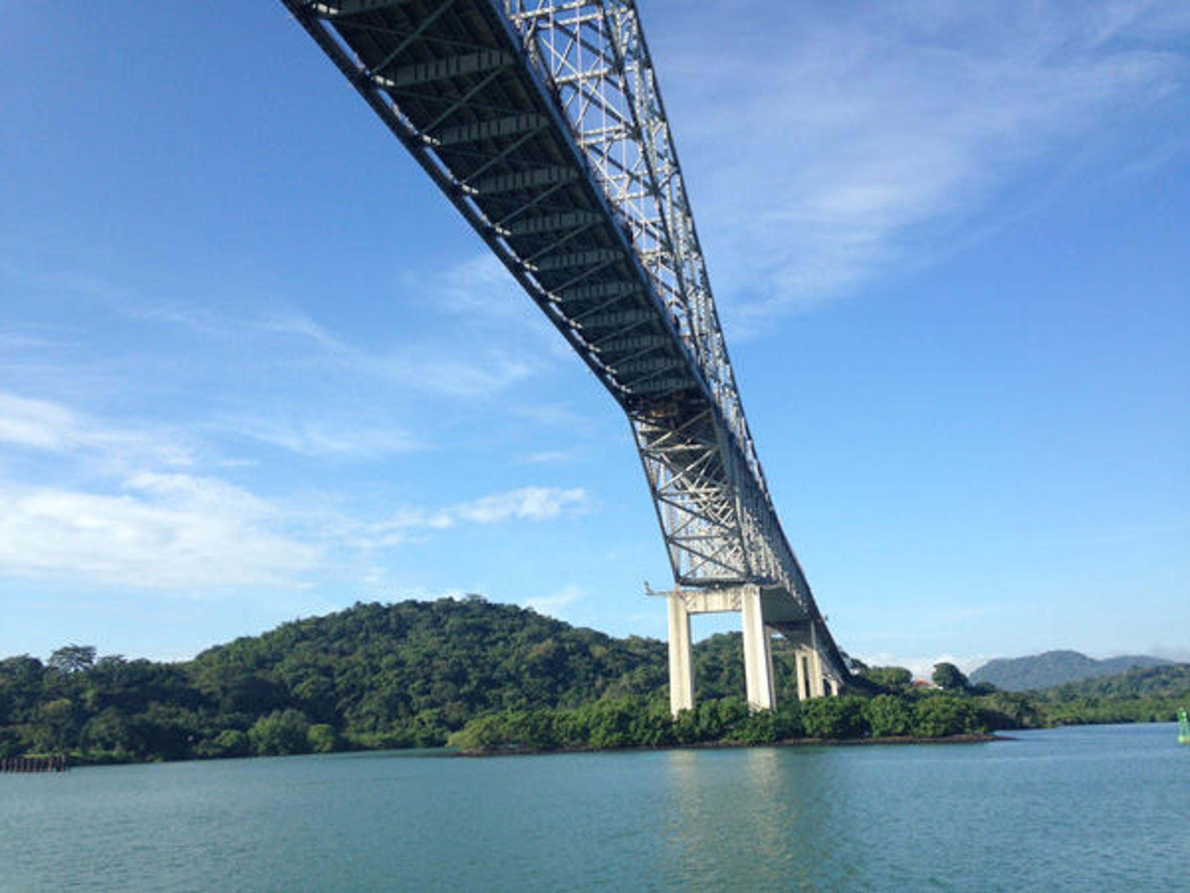 Passing under the Puente de las Américas (Bridge of the Americas), which spans the Pacific entrance to the Panama Canal.
