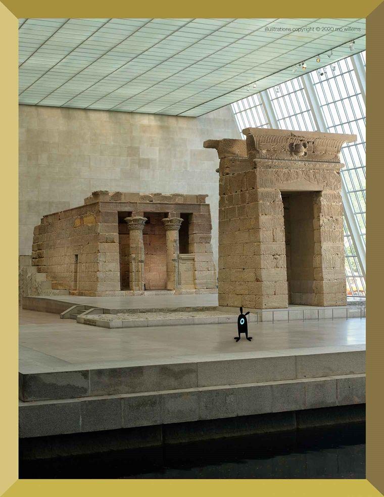 A tall-ceilinged gallery at The Met, with a two-story-high wall of windows on the right side. In the center of the image is a reconstructed Egyptian temple divided into two structures, highlighted by the natural light of the windows. In front of them is a single, small, quirky black cartoon creature with a glowing eye at its center.