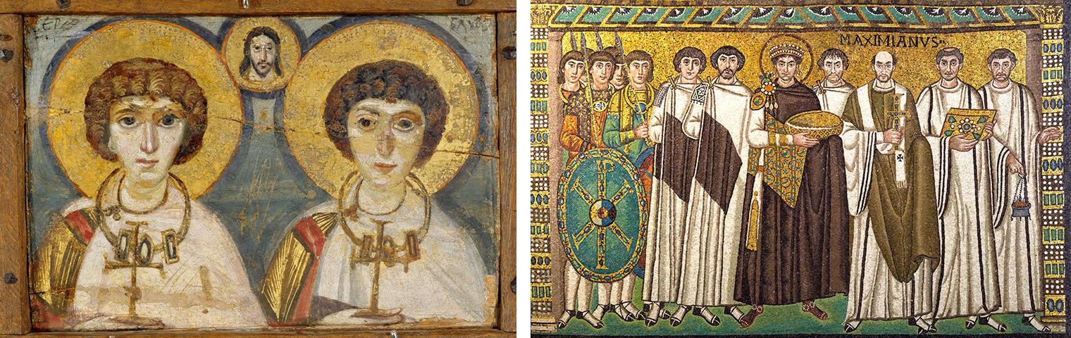 Two images separated by a white line in the middle. On the left are two saints next to each other wearing robes with gold halos around their heads. They are also wearing gold pectorals around their necks, and between them is the floating head of jesus christ also with a gold halo. On the right is a mosaic of Emperor Justinian and Members of his Court with ten people in total. The first three men on the right are all in armor with spears. The next seven are all wearing robes. Justinian stands in the center holding a bowl wearing a regal crown, broach, and has a gold halo around his head.