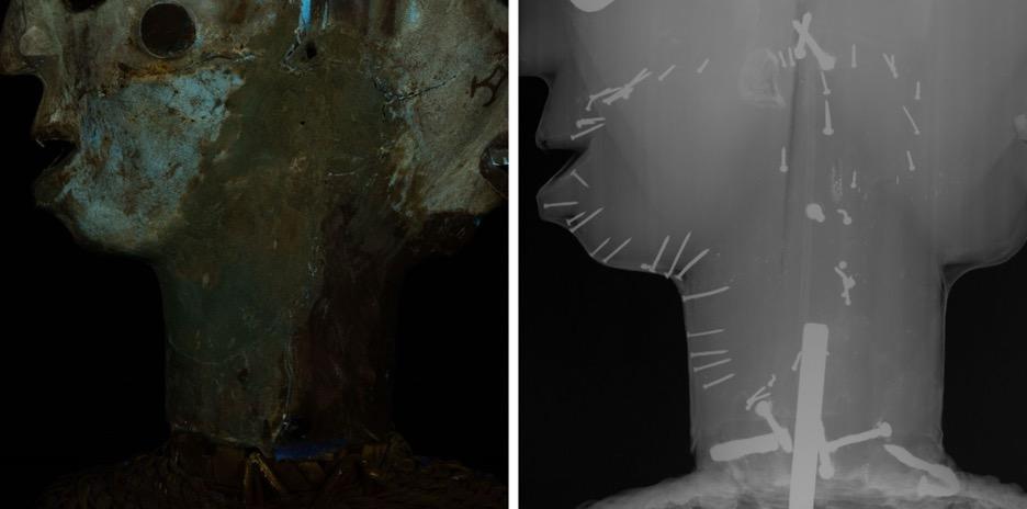 On the left, a two-faced dance crest appearing dark green and greenish-blue under ultraviolet light. On the right, a translucent X-radiographic image of the same area, highlighting nails that are normally hidden from view.