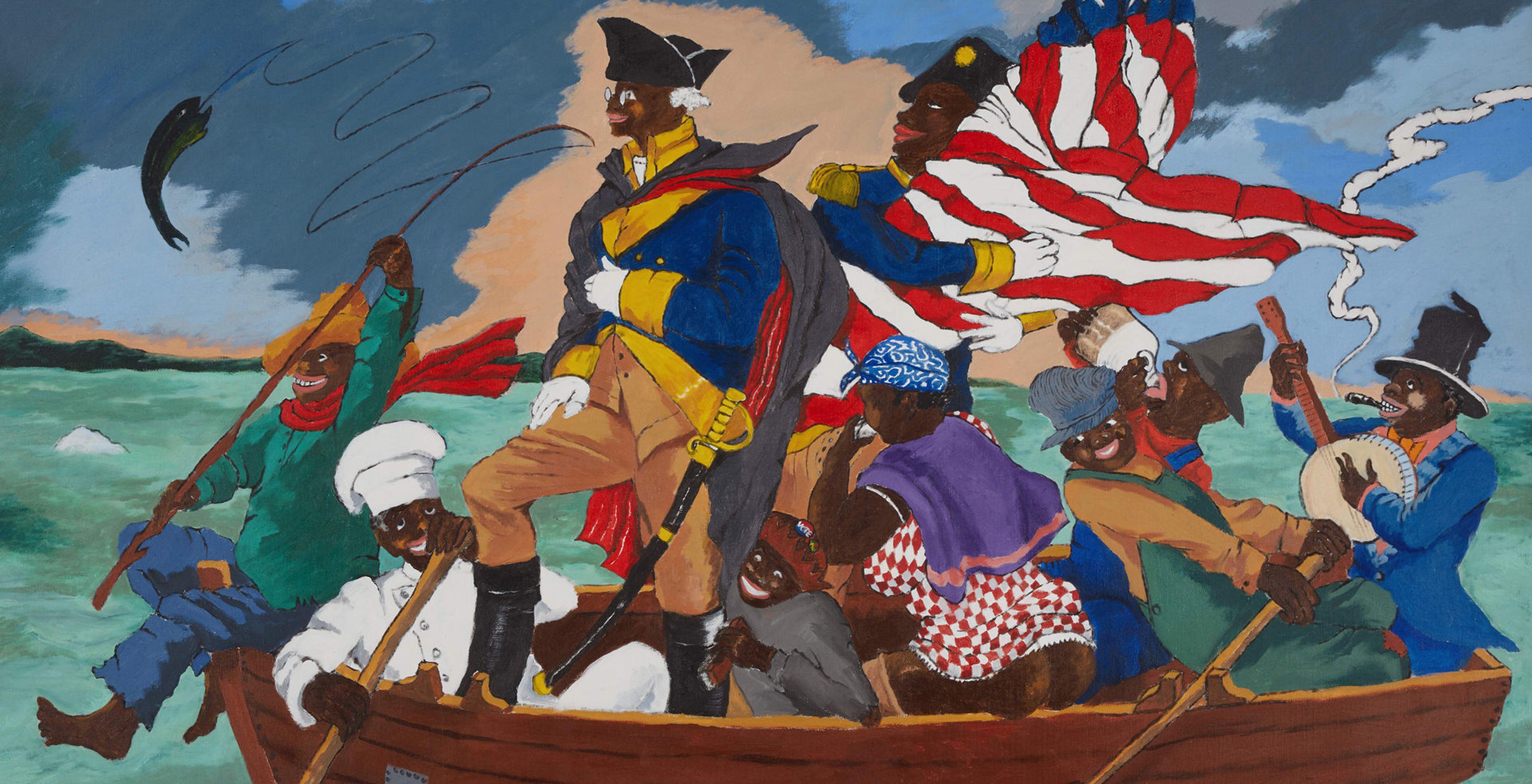 The artist Robert Colescott's study for George Washington Carver Crossing the Delaware depicts a tin-patched boat—too small for the passengers attempting to row in opposite directions—helmed by Carver.