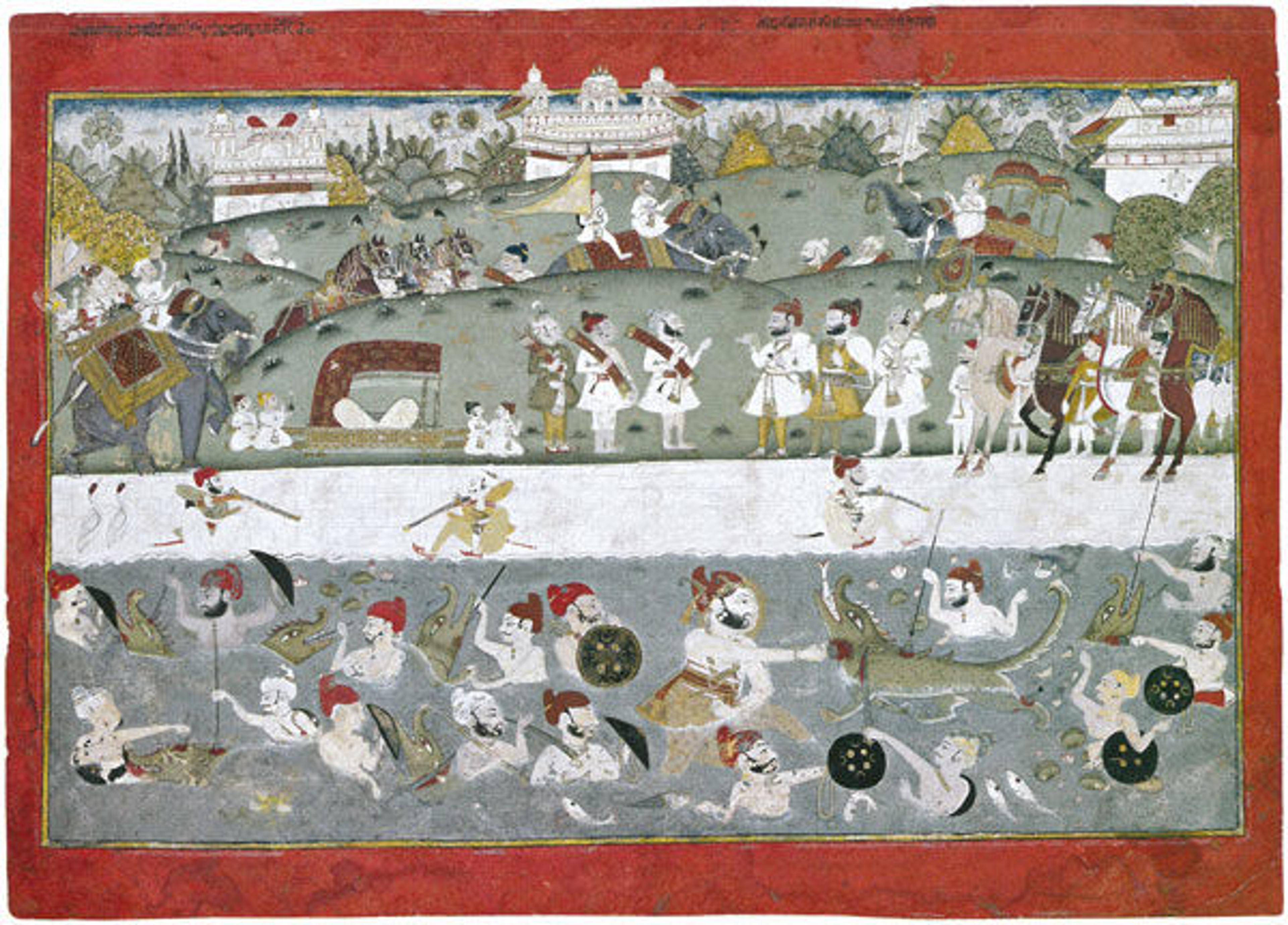 Maharaja Kumar Isri Singh's Crocodile Hunt, ca. 1760. Western India, Rajasthan, Jaipur or Unaira. Opaque watercolor and gold on paper; 16 15/16 x 23 5/8 in. (43 x 60 cm). Lent by Maximilian James Polsky