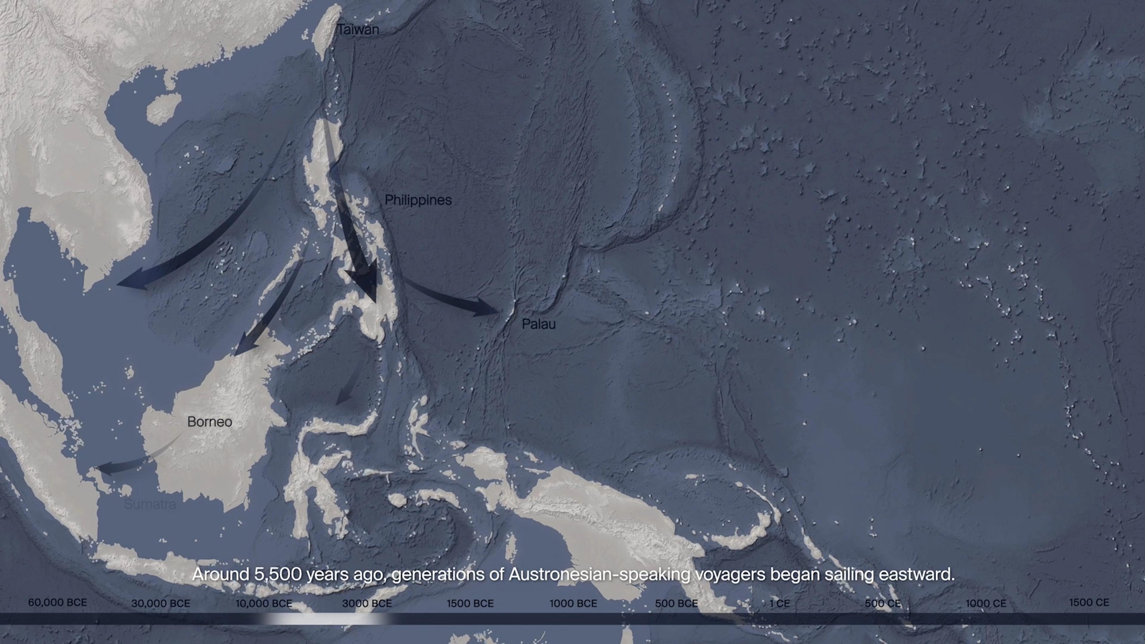 Still of animated map in the new Oceania galleries at The Met, showing Austronesian migration into Southeast Asia and the Northwest Pacific as arrows